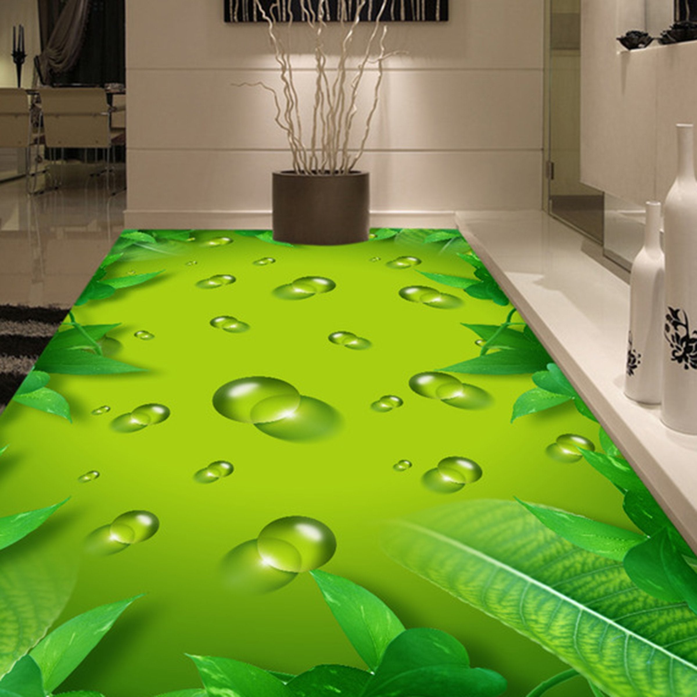 3D Green Leaf Water Drops WG268 Floor Mural Wallpaper AJ Wallpaper 2