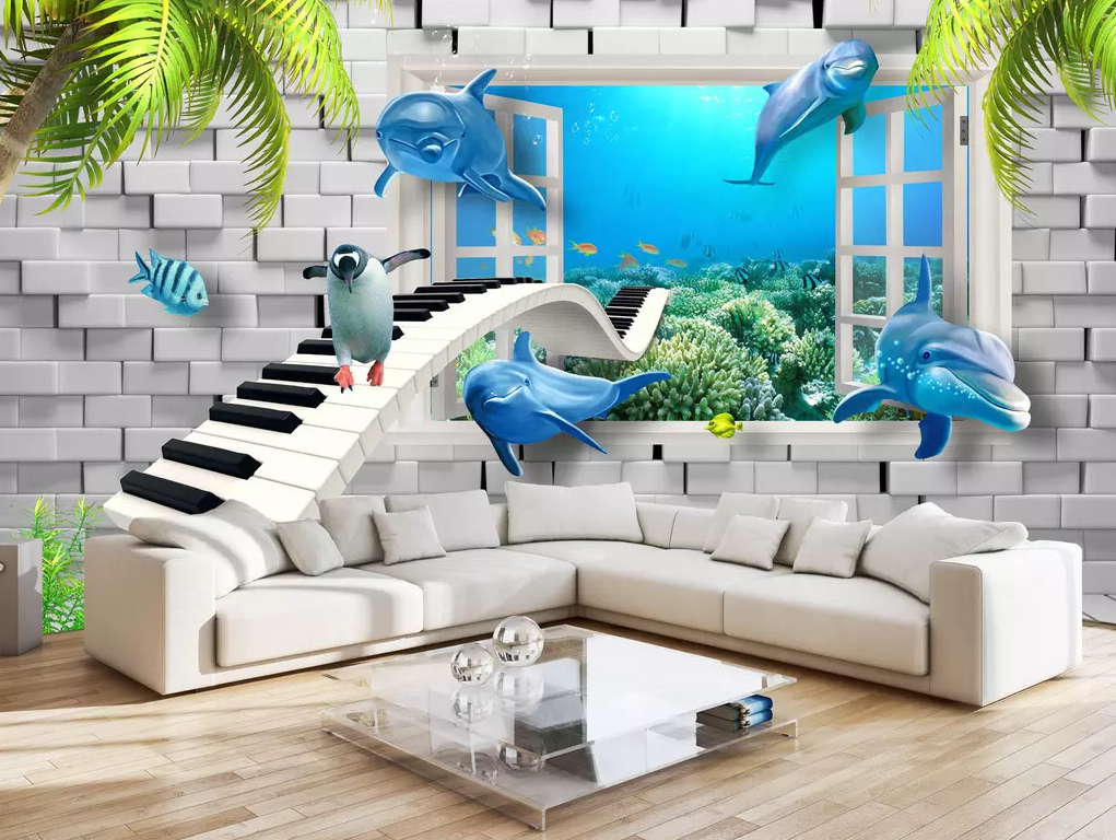 3D Dolphin Penguin Piano 176 Wallpaper AJ Wallpaper 2