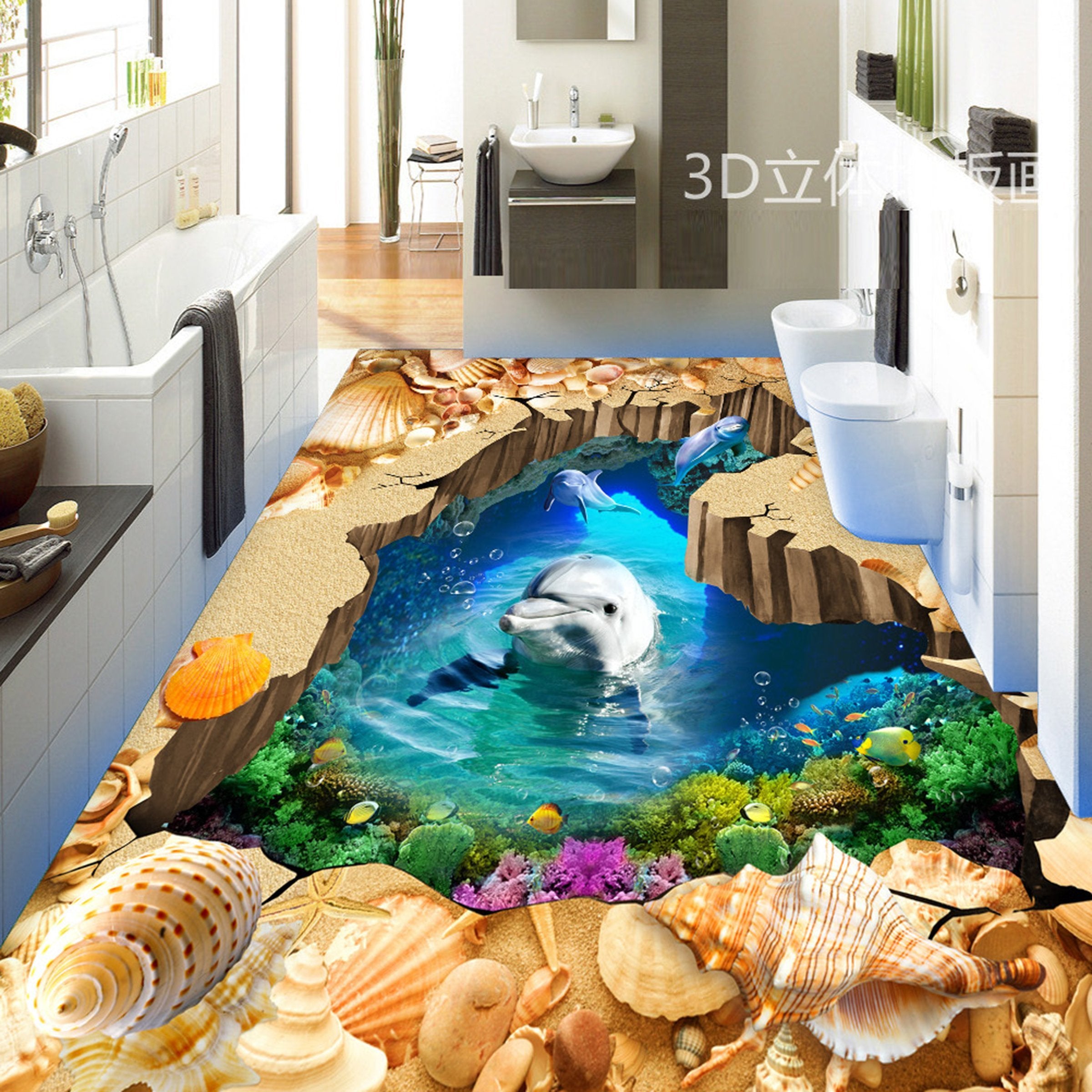 3D Cute Dolphin WG453 Floor Mural Wallpaper AJ Wallpaper 2