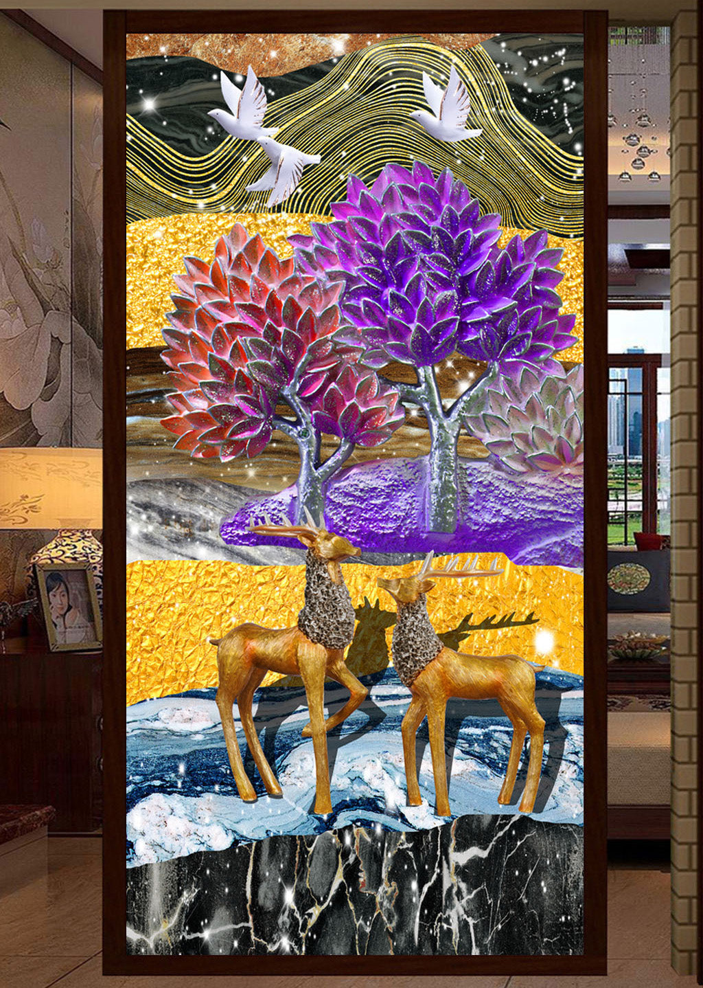 3D Tree Gold DeerWG127 Wall Murals