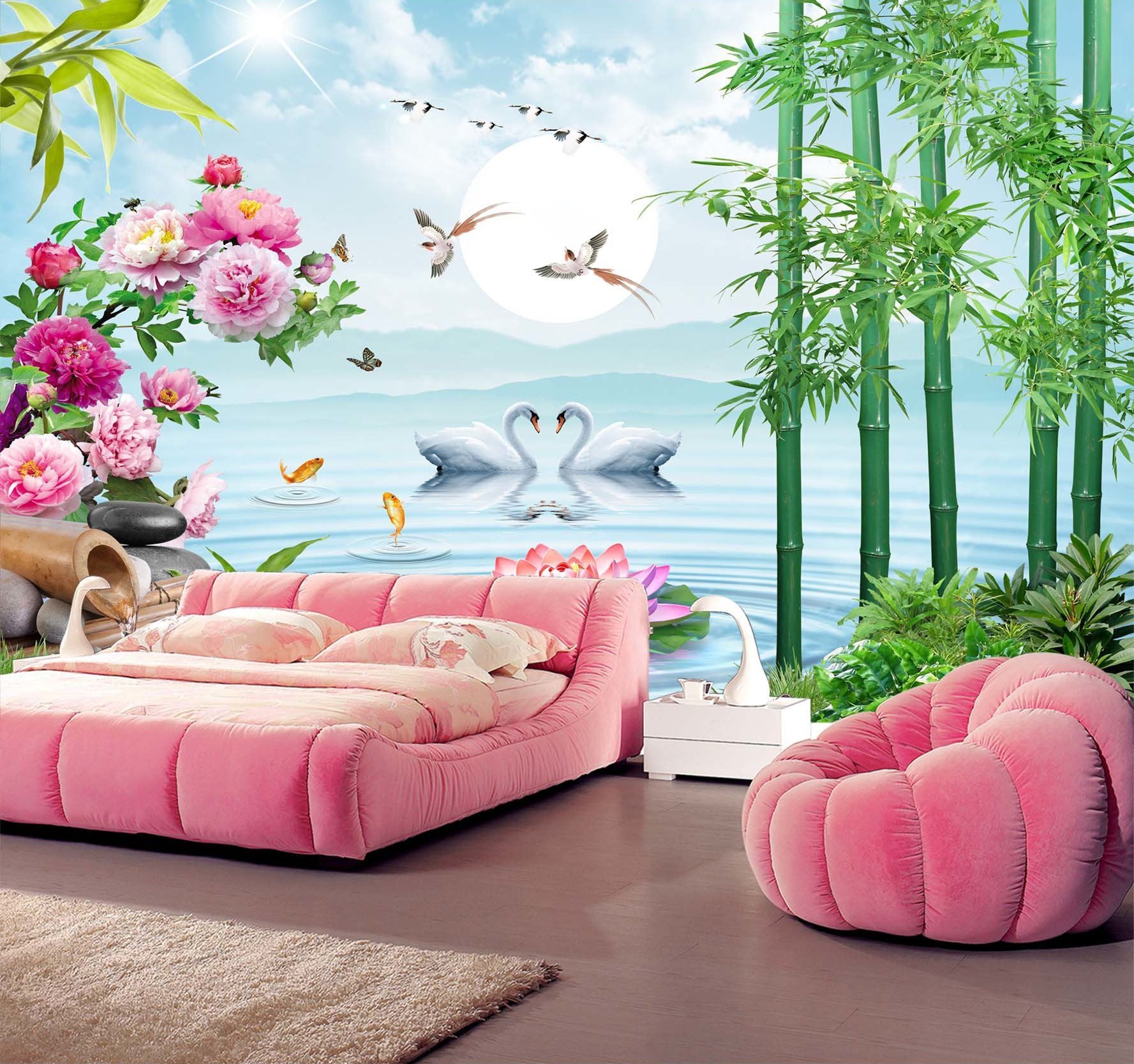3D Swan Lotus Lake 285 Wallpaper AJ Wallpaper