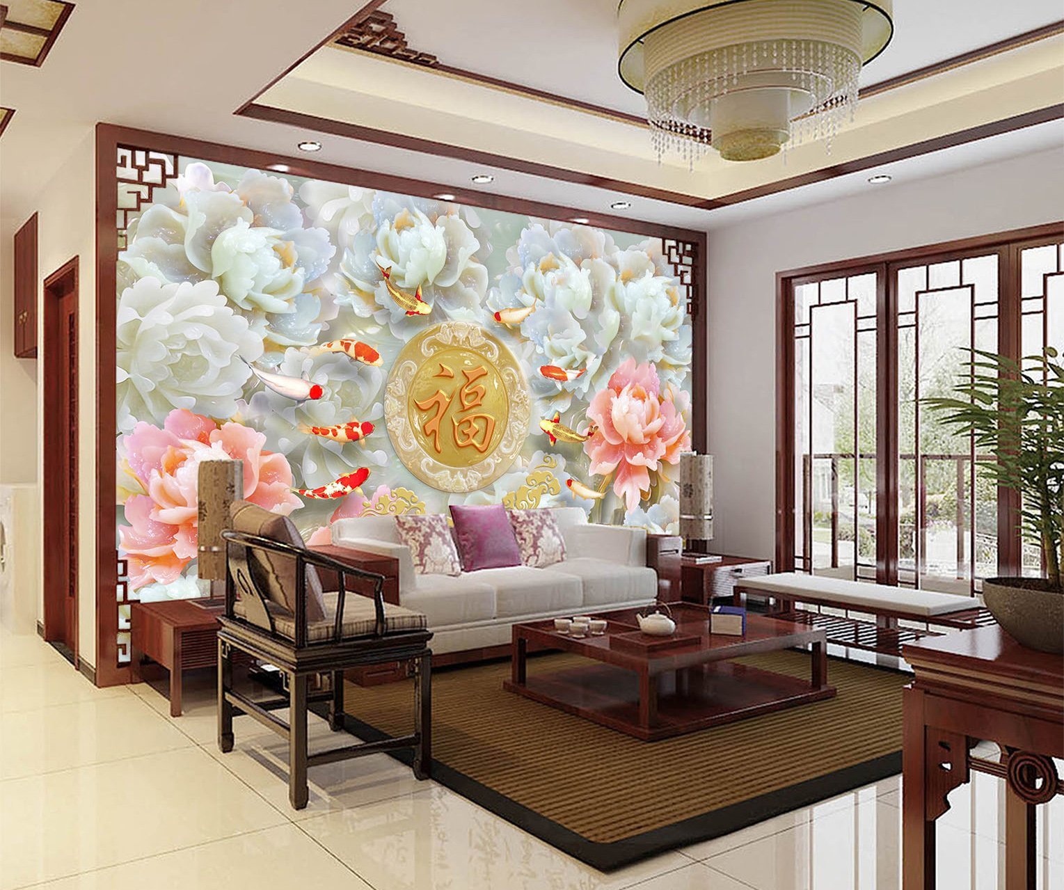 3D Embossed Flower Fish 287 Wallpaper AJ Wallpaper