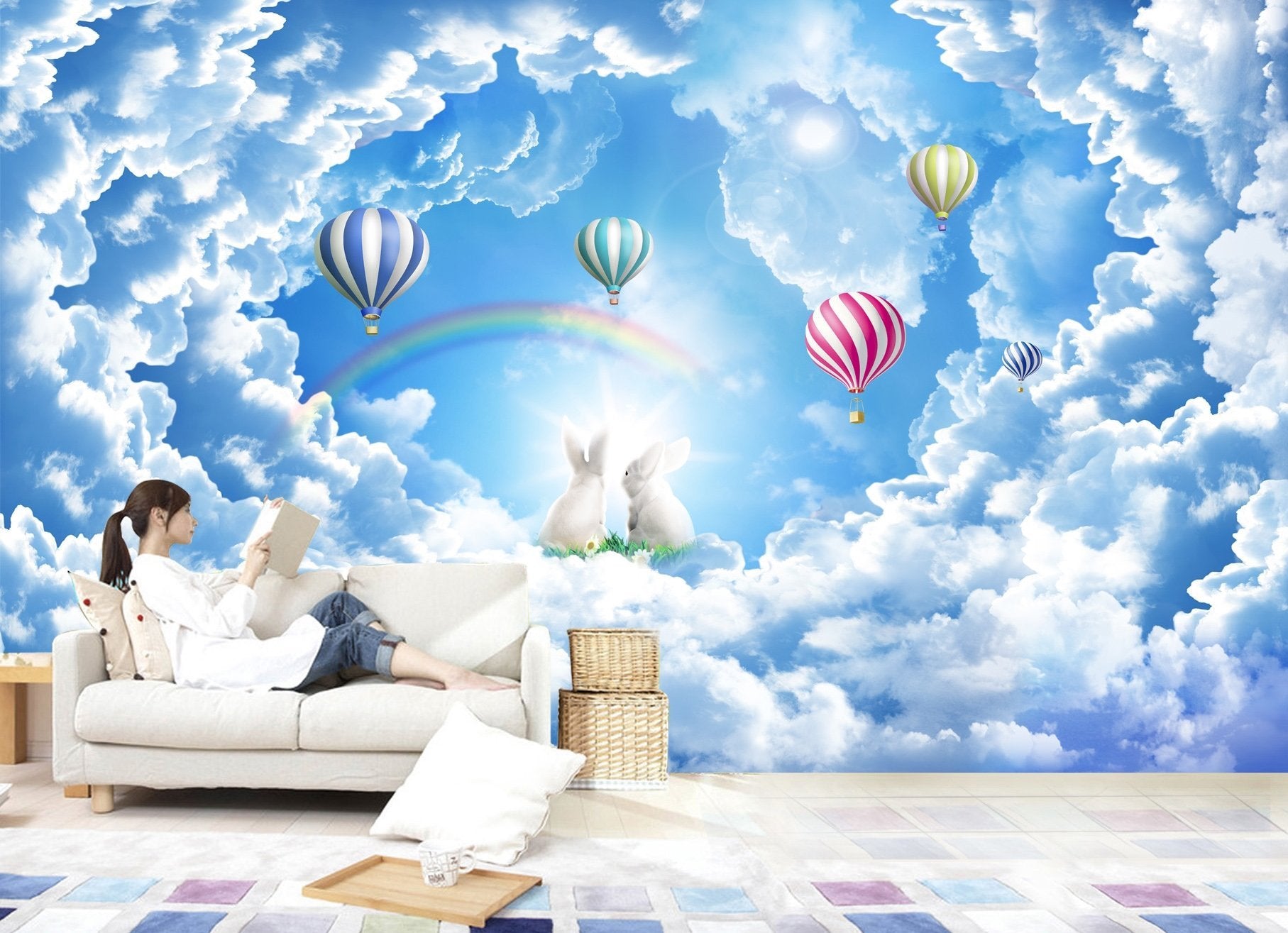 3D Sunshine Rabbit Rainbow 306 Wallpaper AJ Wallpaper