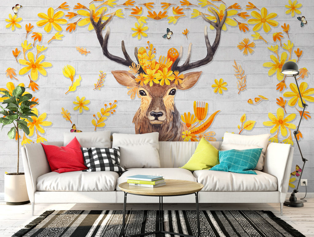 3D Flower Deer WG088 Wall Murals