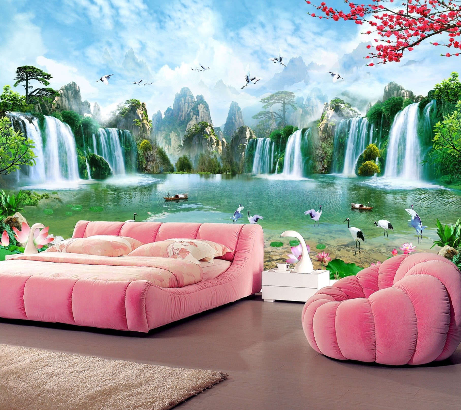 3D Waterfall Fisherman Crane 320 Wallpaper AJ Wallpaper