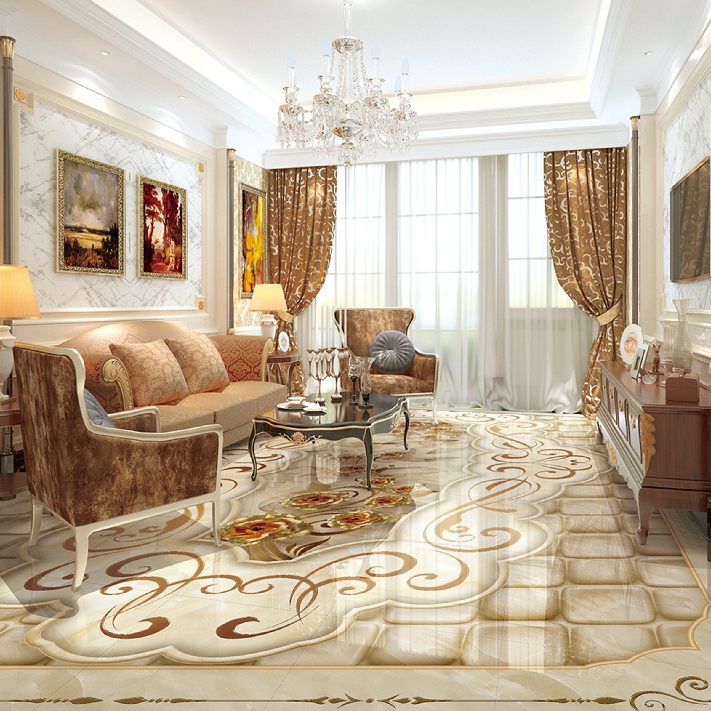 3D Golden Pattern WG068 Floor Mural Wallpaper AJ Wallpaper 2