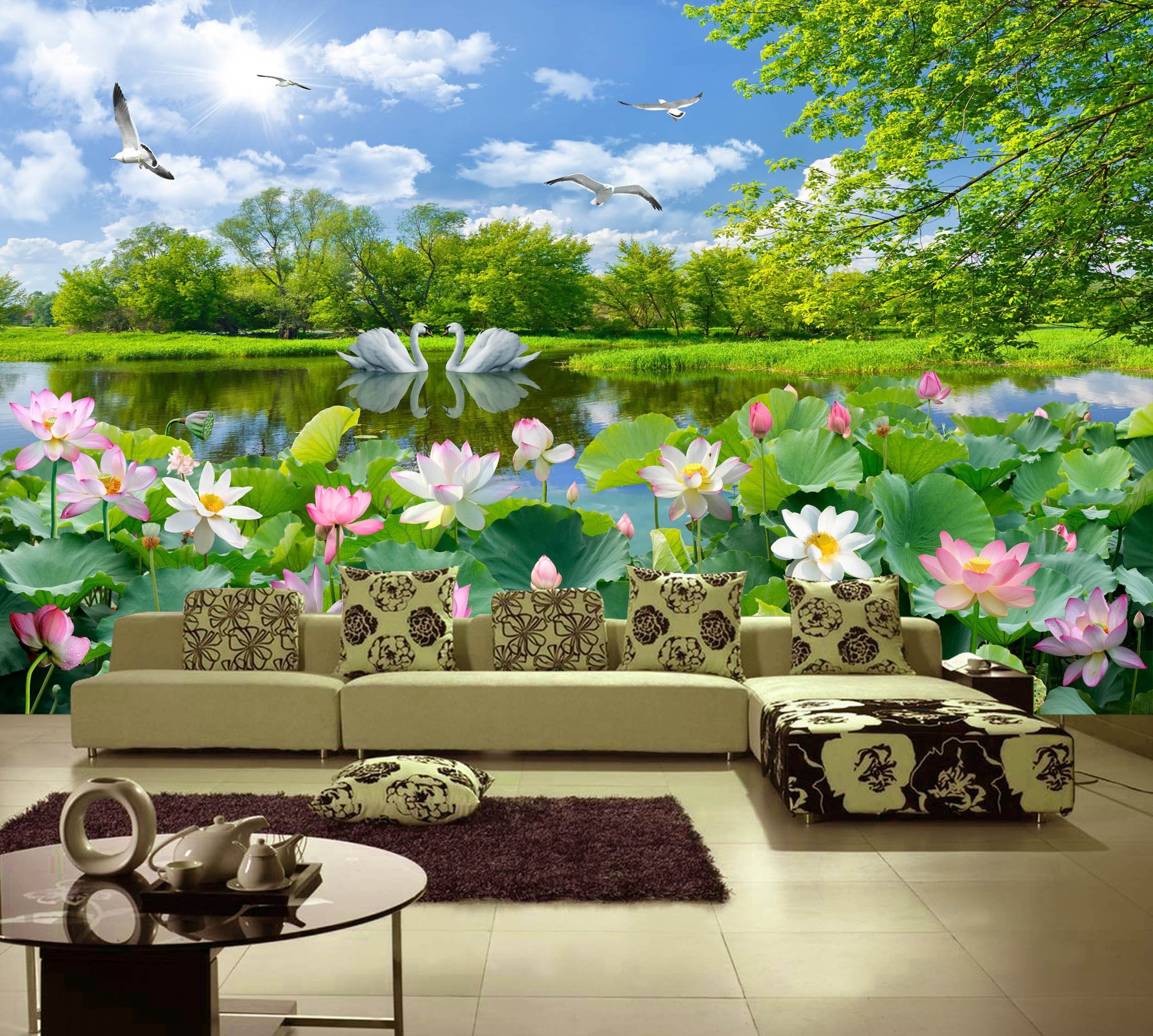 3D Lotus Pond Swan 290 Wallpaper AJ Wallpaper