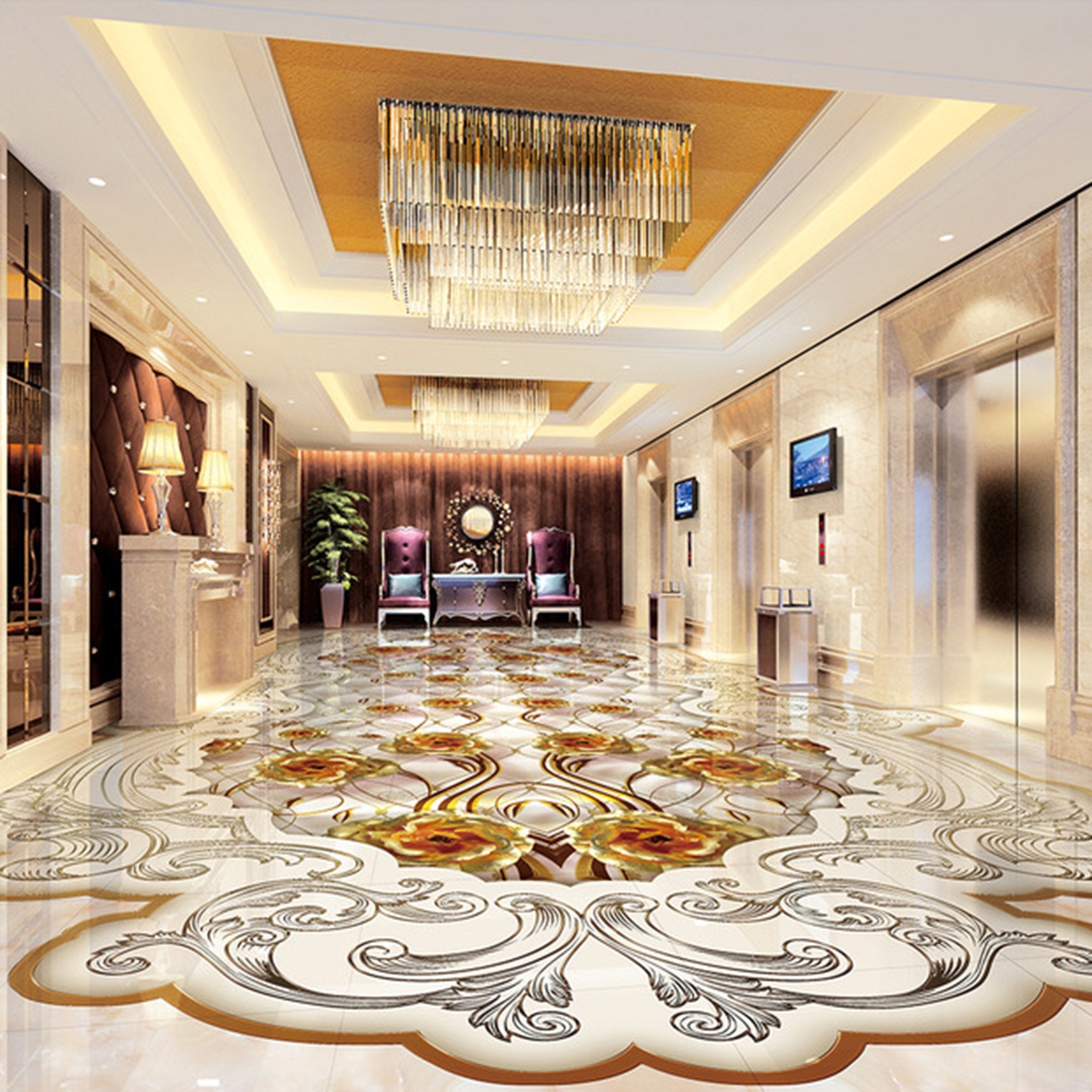 3D Golden Flowers WG032 Floor Mural Wallpaper AJ Wallpaper 2