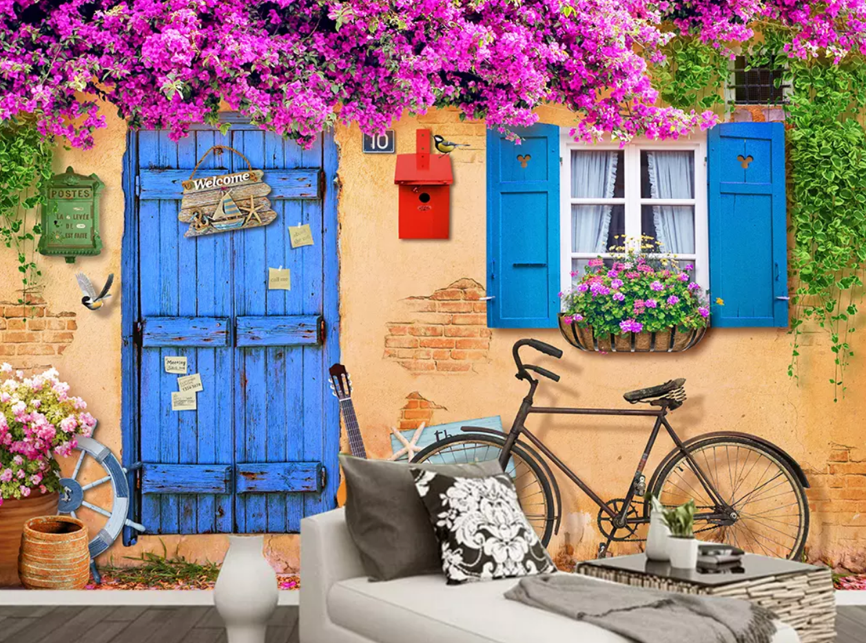 3D Wooden Door Flower Bicycle 185 Wallpaper AJ Wallpaper 2