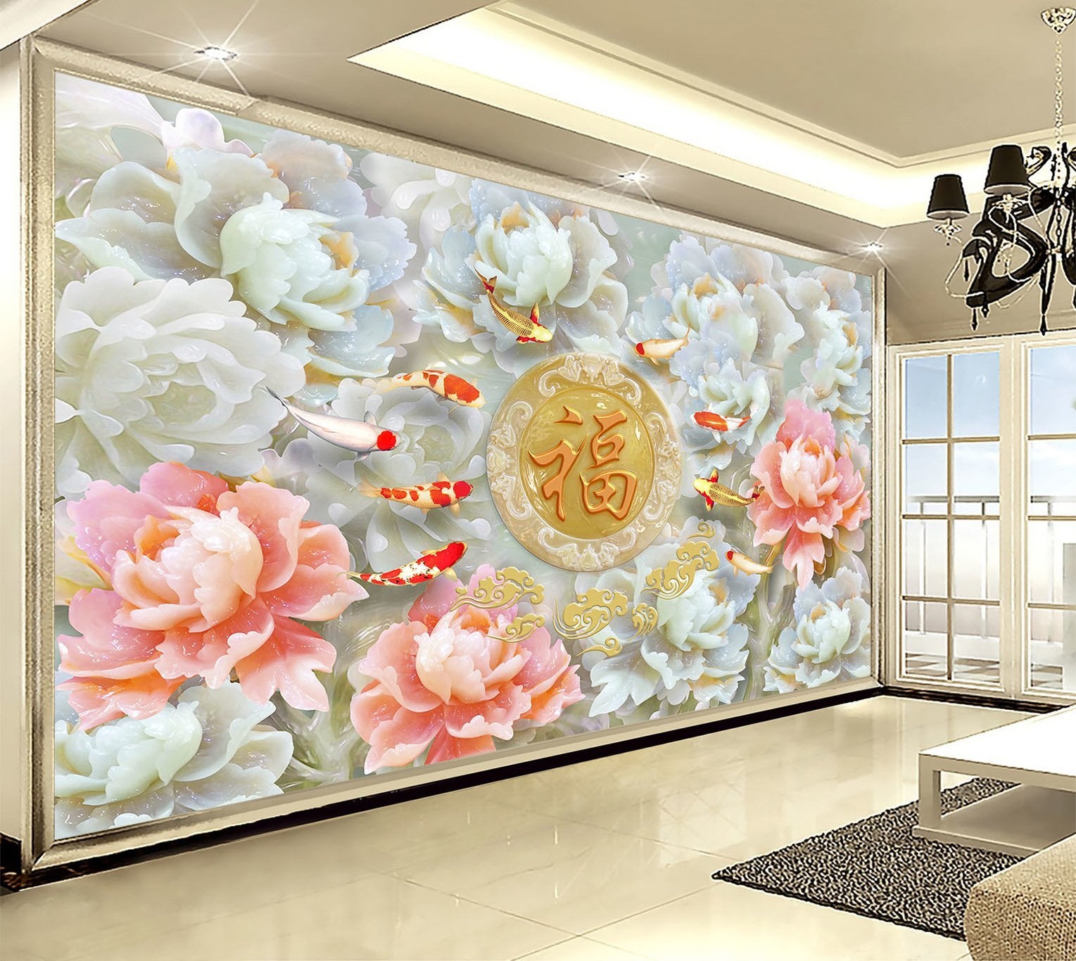 3D Embossed Flower Fish 287 Wallpaper AJ Wallpaper