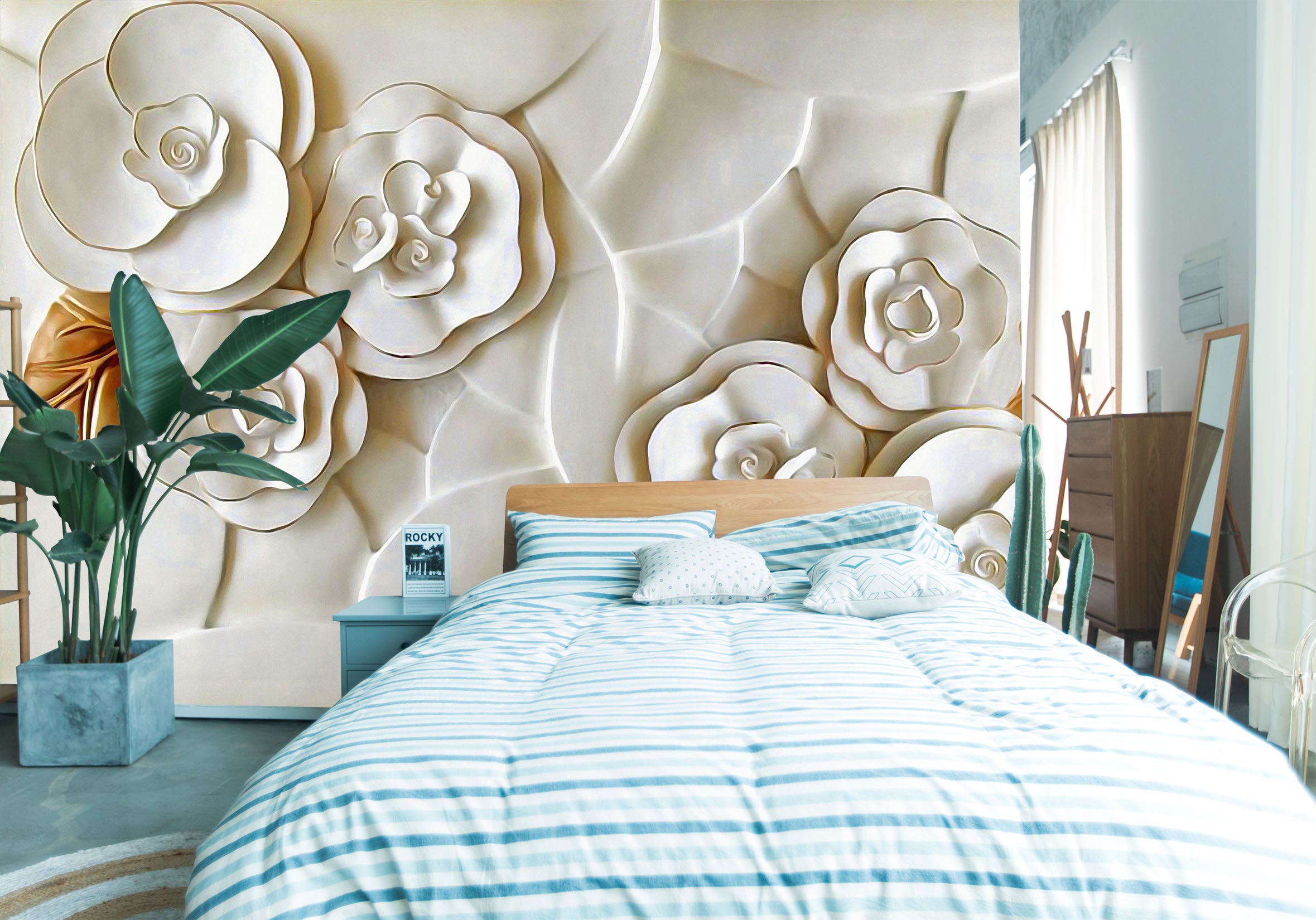 3D Embossed White Flower 050 Wall Murals