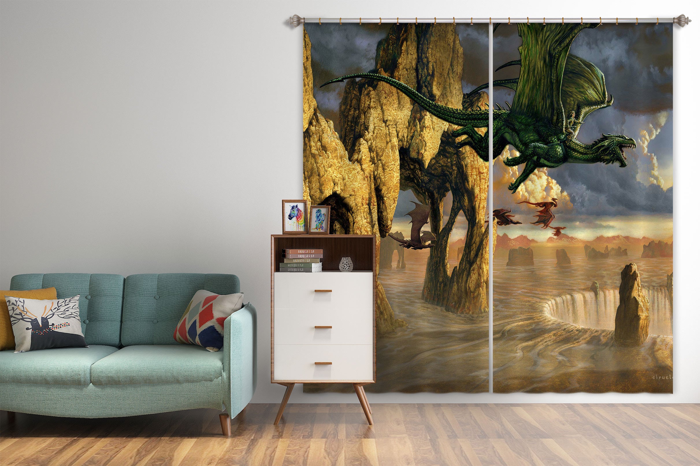 3D Fly Dragon Stone 8010 Ciruelo Curtain Curtains Drapes