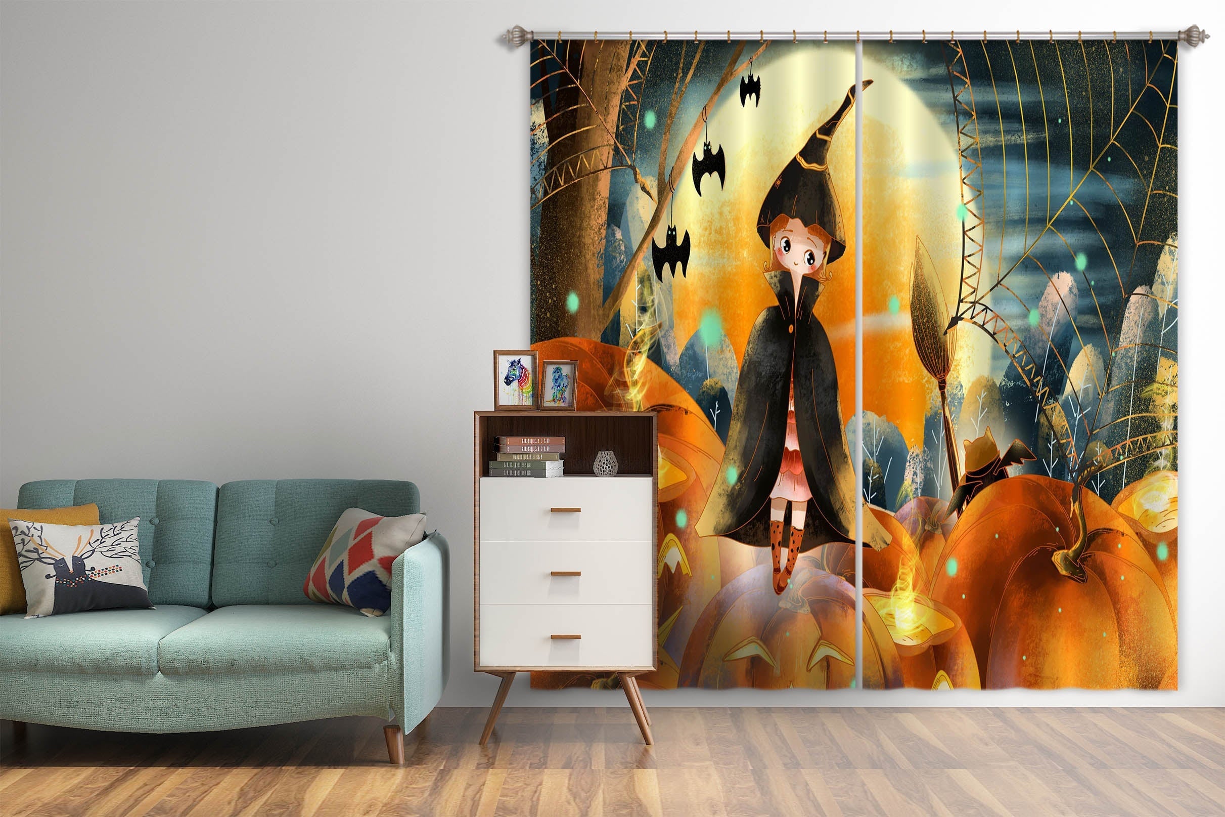 3D Child Pumpkin Spider Web 029 Halloween Curtains Drapes Curtains AJ Creativity Home