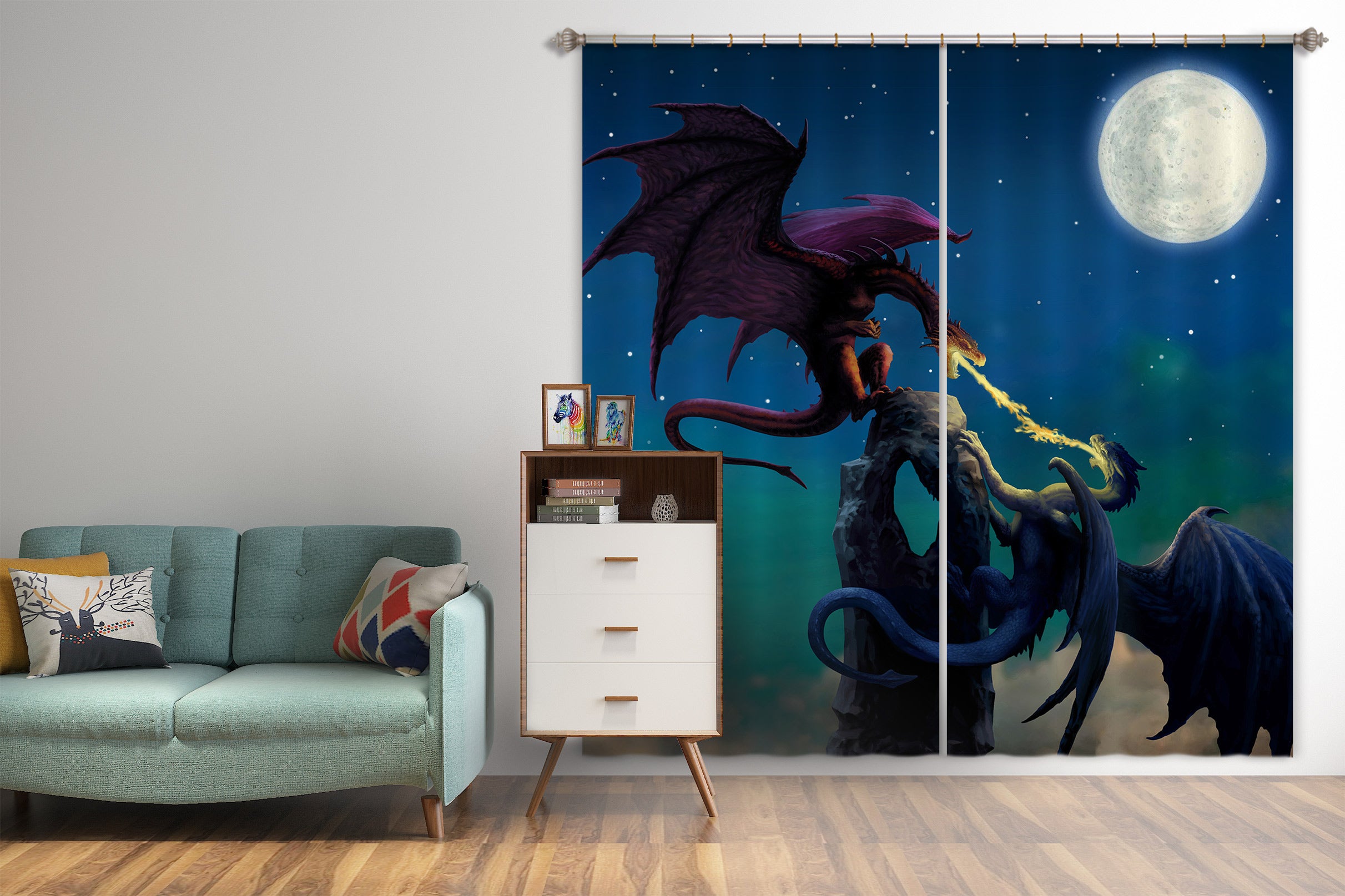 3D Night Sky Moon Dragon 8020 Ciruelo Curtain Curtains Drapes