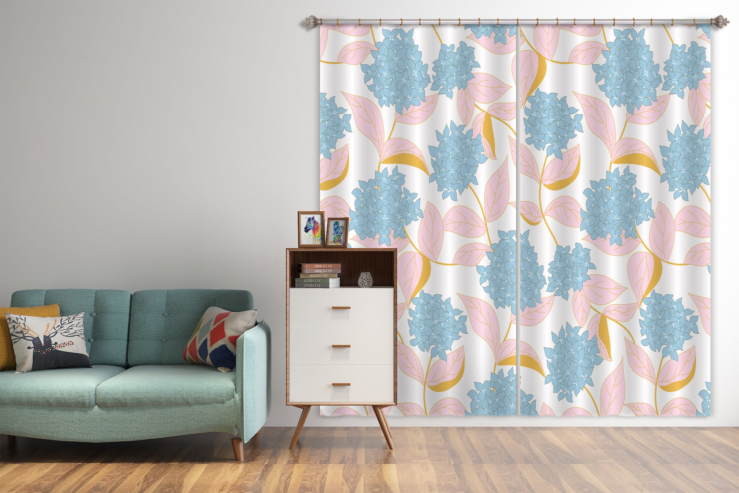 3D Blue Flowers Pink Leaf 11179 Kashmira Jayaprakash Curtain Curtains Drapes