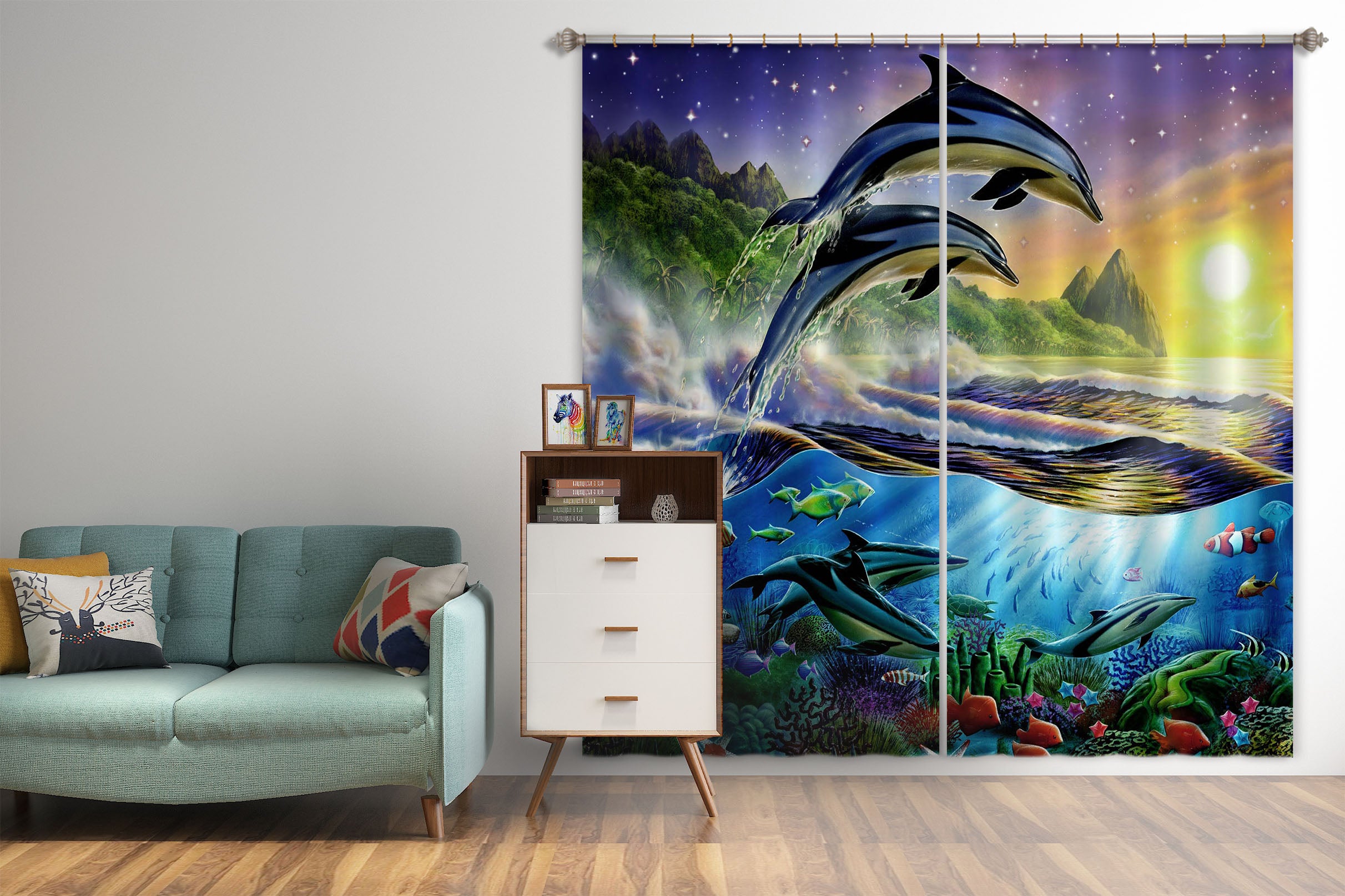 3D Dolphin Ocean 037 Adrian Chesterman Curtain Curtains Drapes
