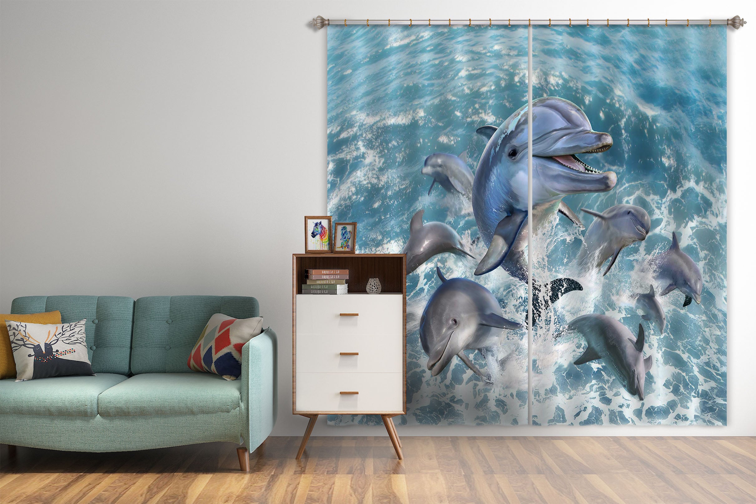3D Dolphin Jump 042 Jerry LoFaro Curtain Curtains Drapes
