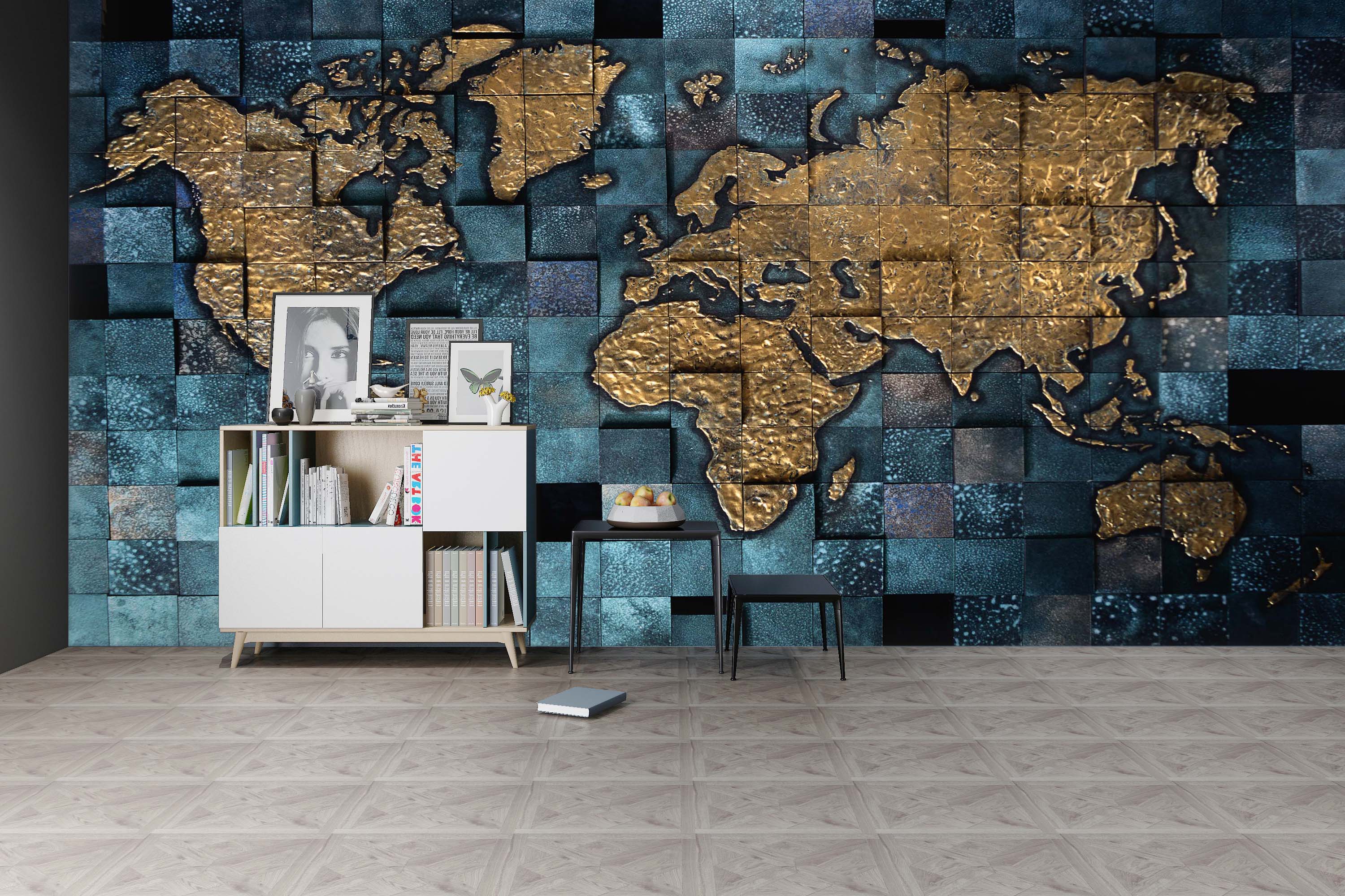 3D Golden World Map 032 Wall Murals