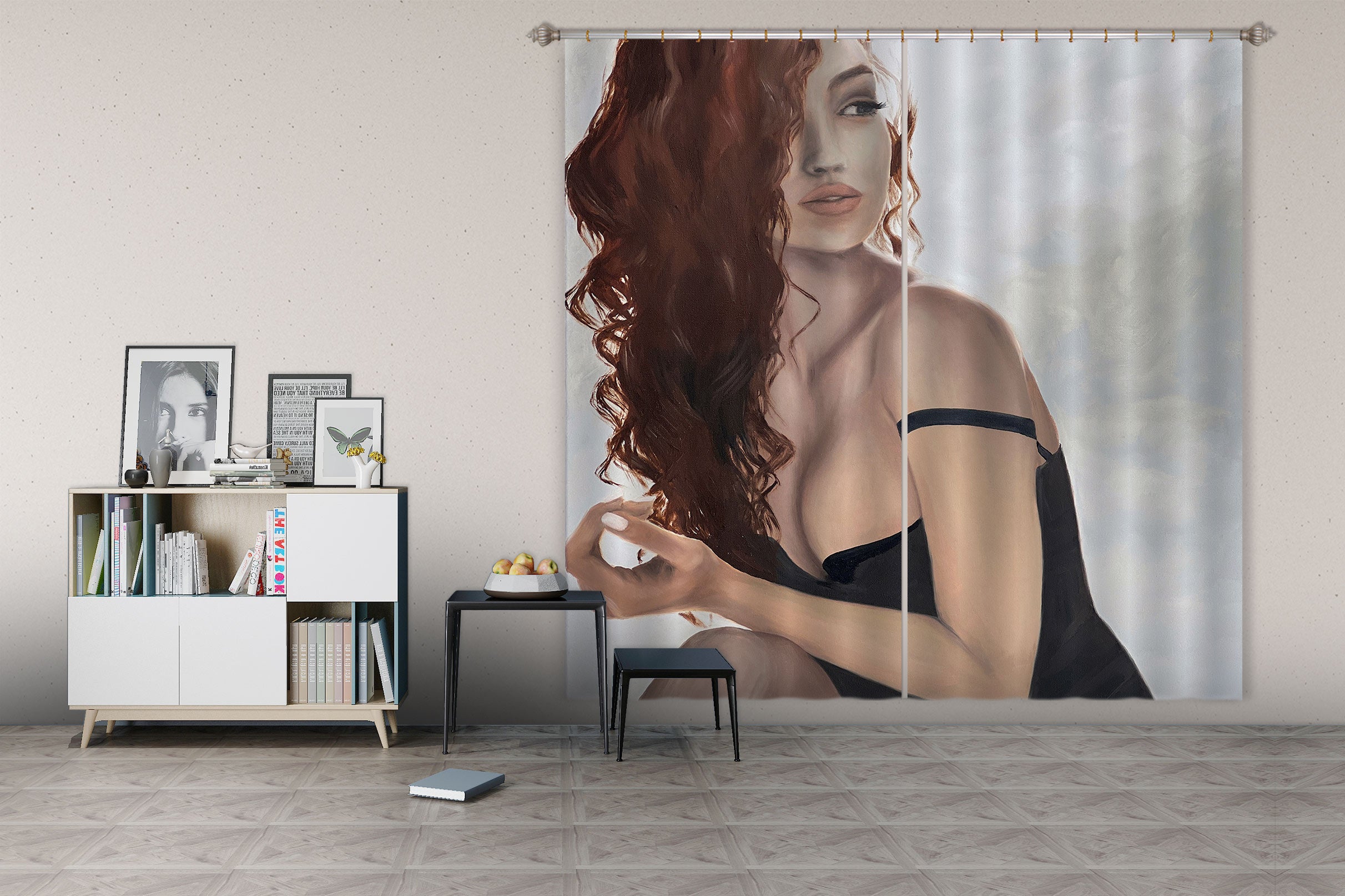 3D Curly Hair Black Dress Woman 9766 Marina Zotova Curtain Curtains Drapes