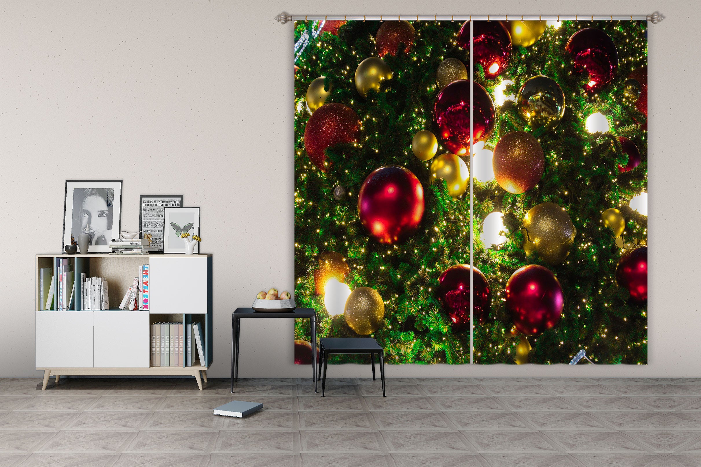 3D Red Golden Ball 53111 Christmas Curtains Drapes Xmas