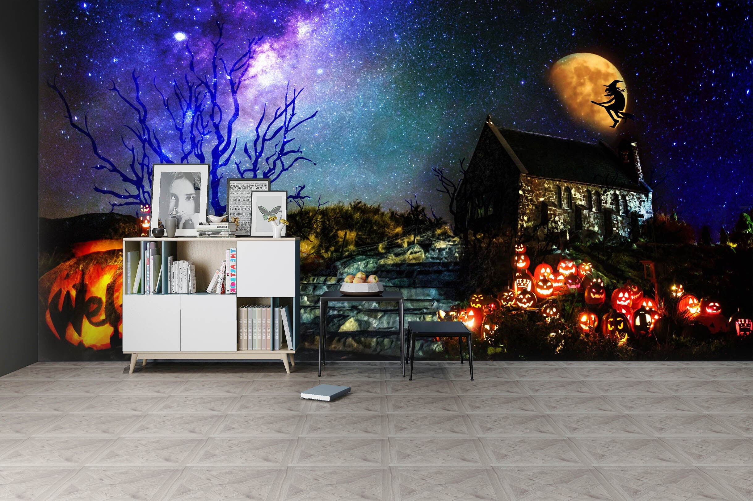 3D Moon Witch Pumpkin Light 1015 Halloween Wall Murals Wallpaper AJ Wallpaper 2