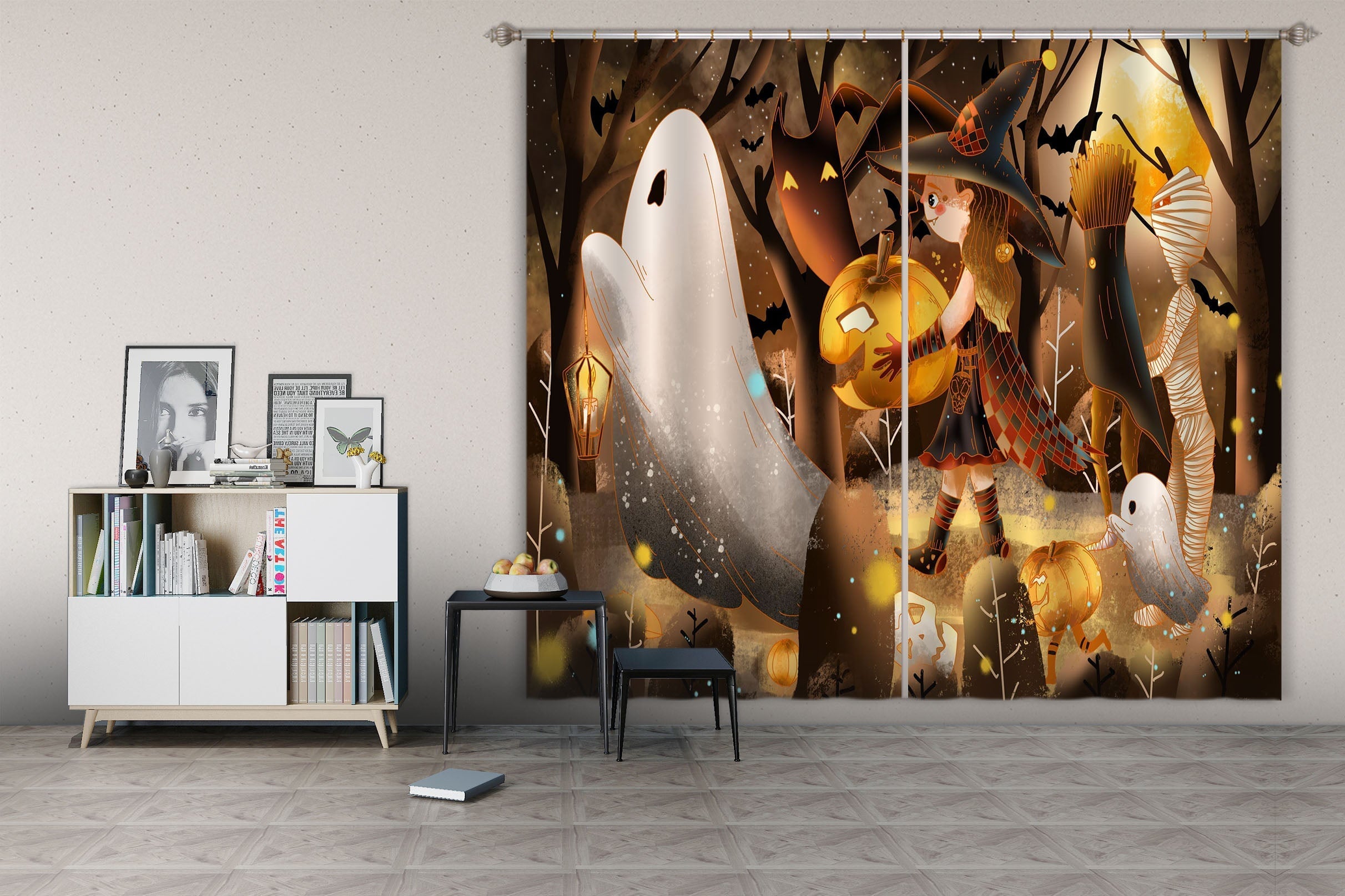 3D Ghost Pumpkin 027 Halloween Curtains Drapes Curtains AJ Creativity Home