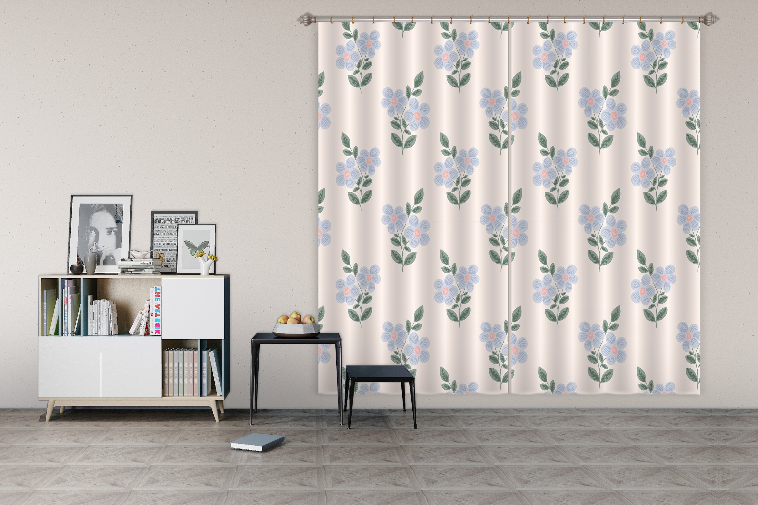 3D Blue Little Flower 111105 Kashmira Jayaprakash Curtain Curtains Drapes
