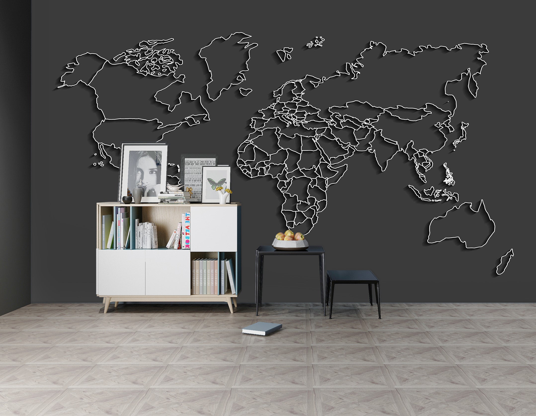 3D Black Lines 2002 World Map Wall Murals