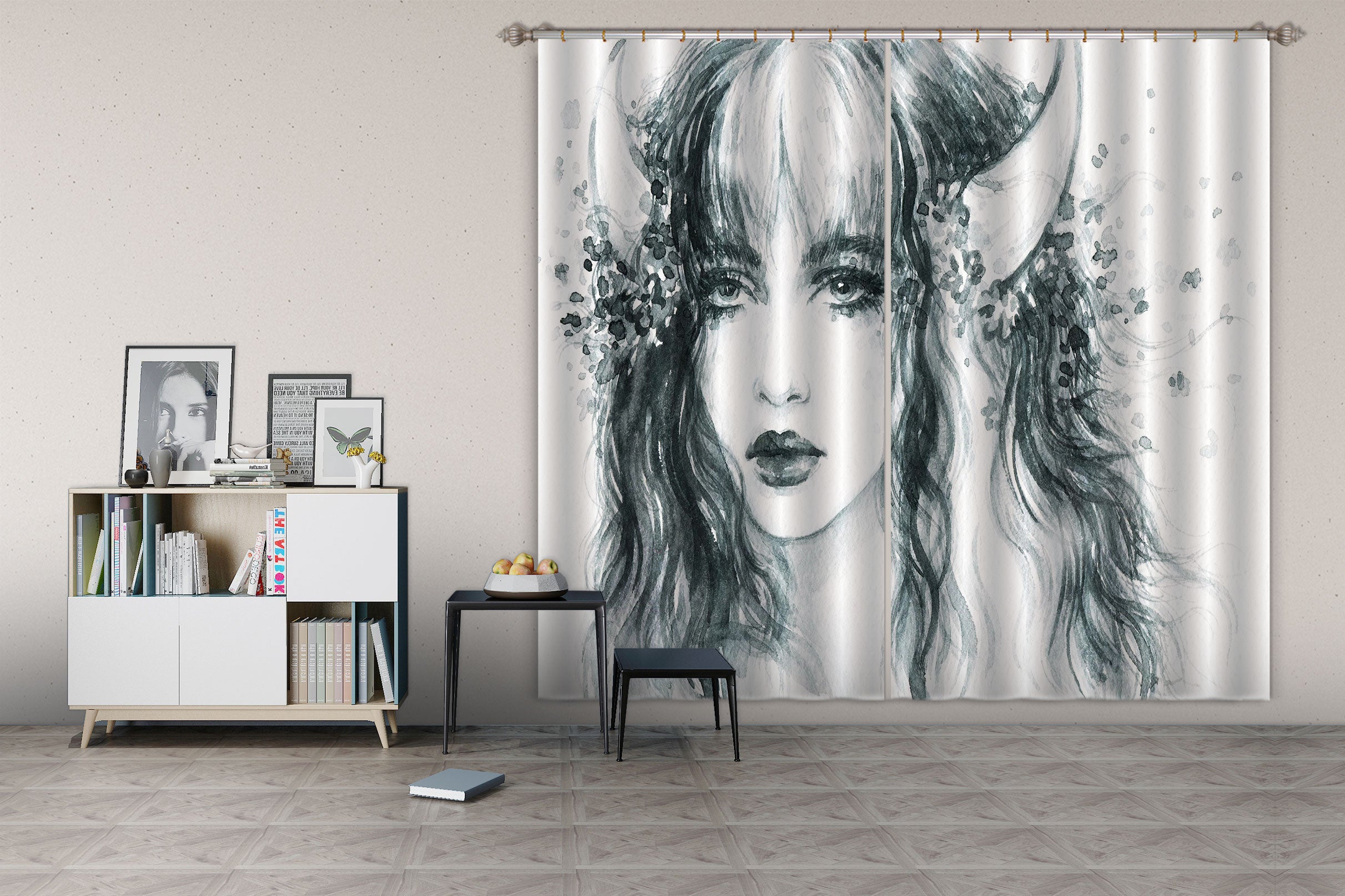 3D Horn Woman 060 Curtains Drapes