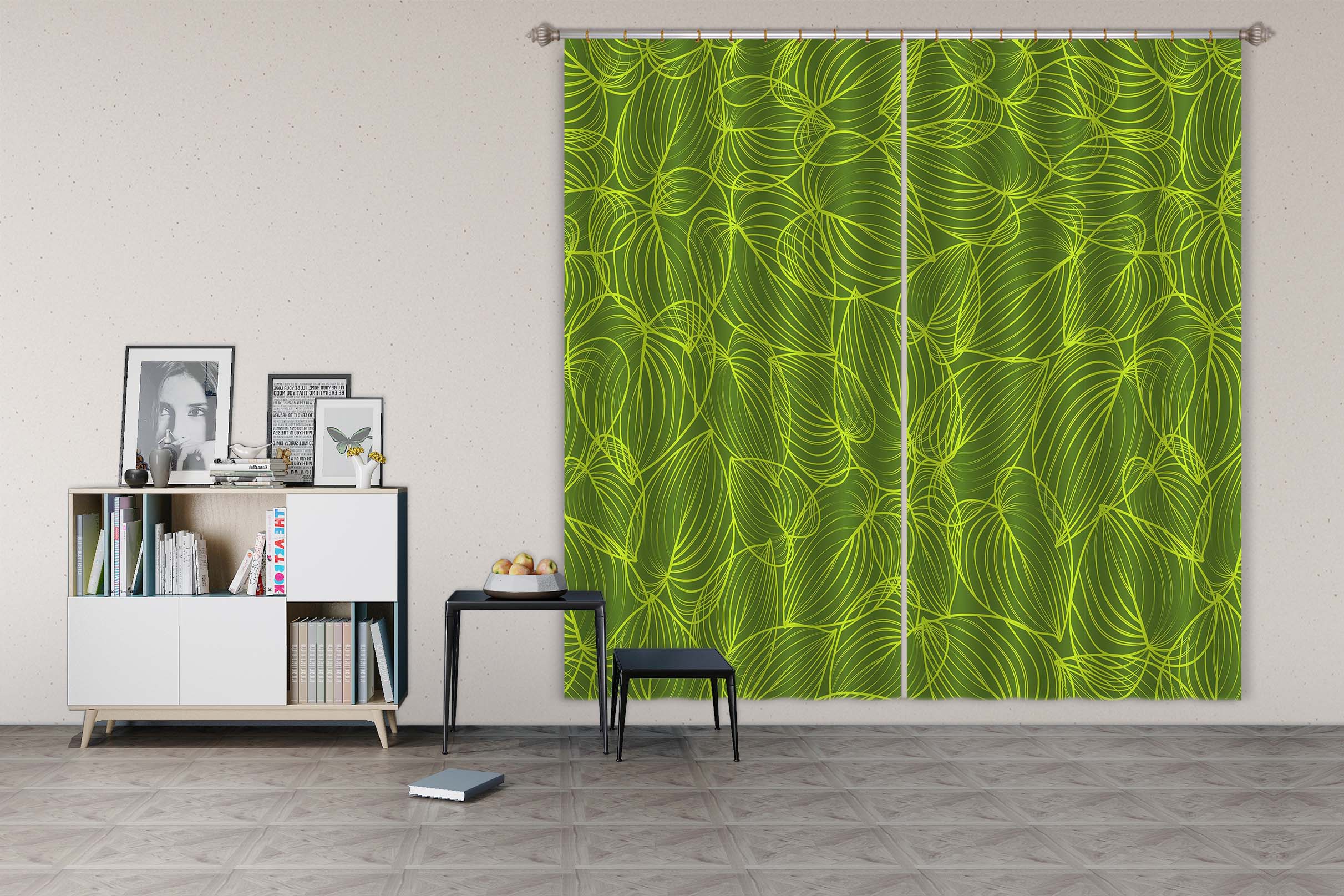 3D Green Leaf Lines 11142 Kashmira Jayaprakash Curtain Curtains Drapes
