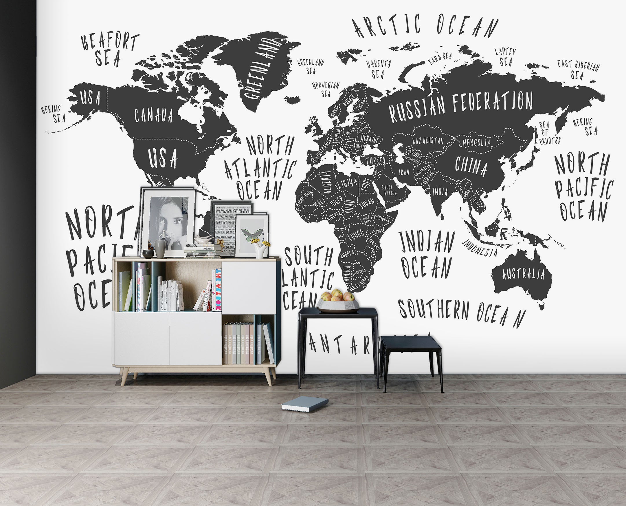3D Black Pattern 2136 World Map Wall Murals