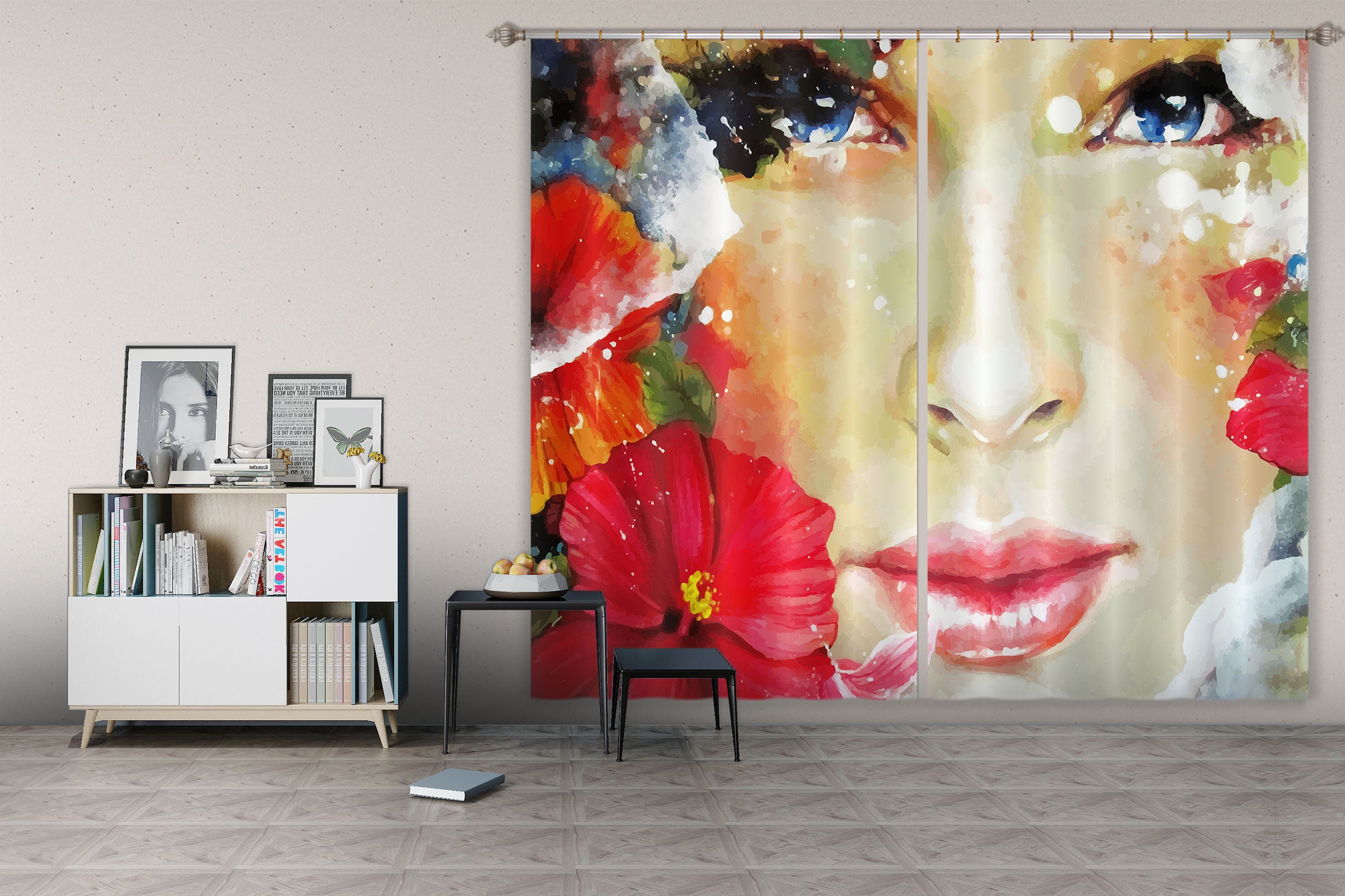 3D Red Lips Girl 764 Curtains Drapes