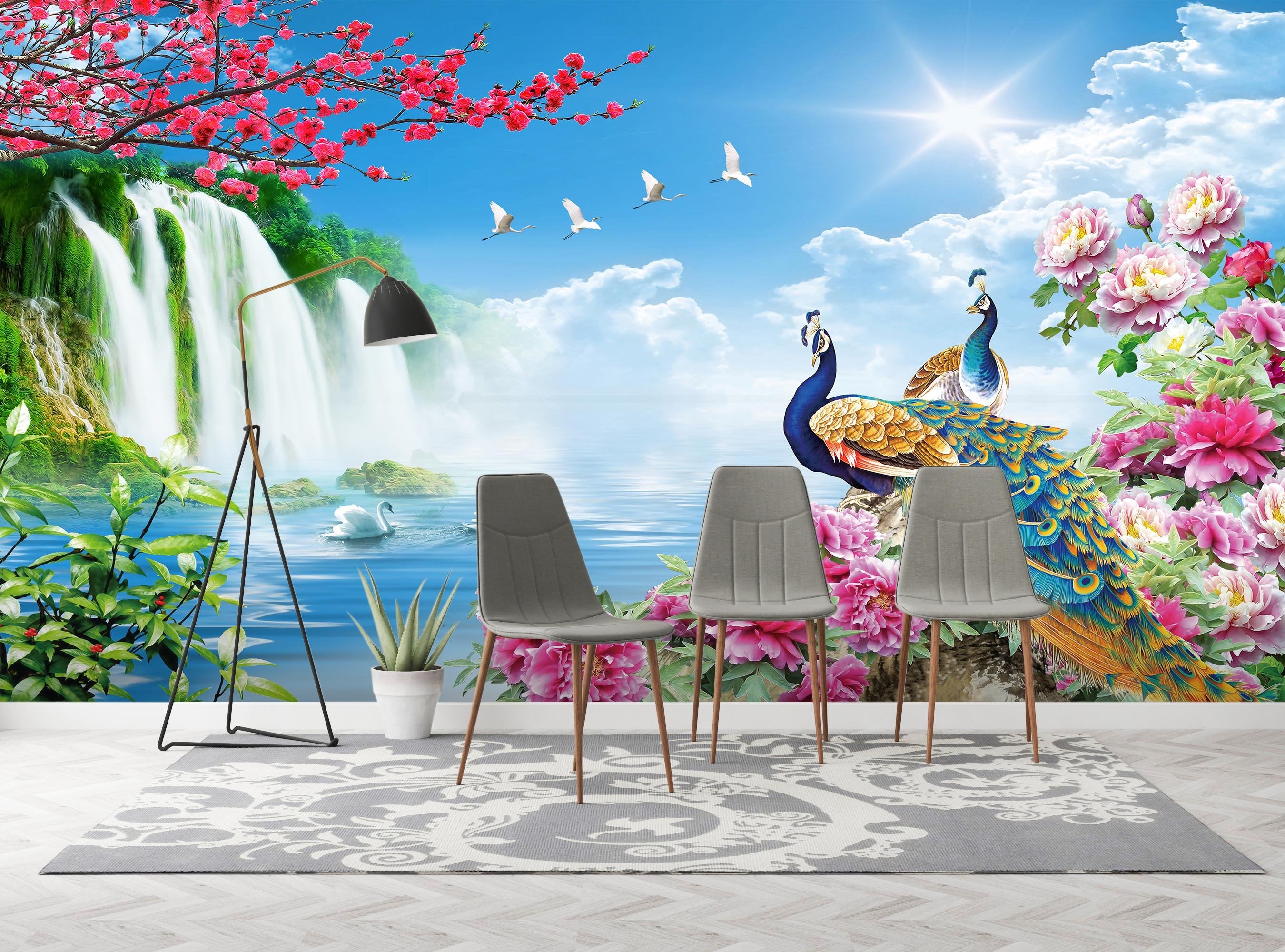 3D Beautiful Peacock And Waterfall Wallpaper AJ Wallpaper 1