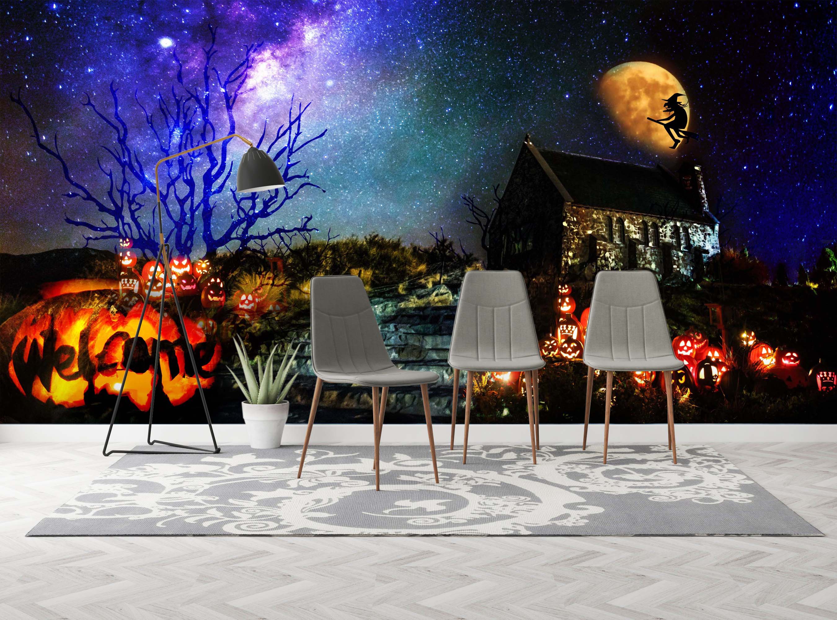 3D Moon Witch Pumpkin Light 1015 Halloween Wall Murals Wallpaper AJ Wallpaper 2