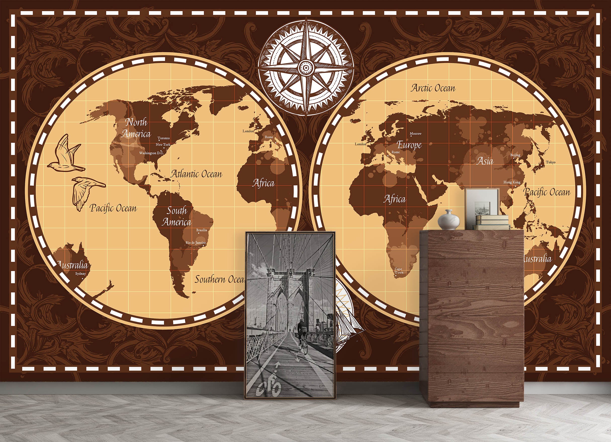 3D Abstract Dolphin 2068 World Map Wall Murals