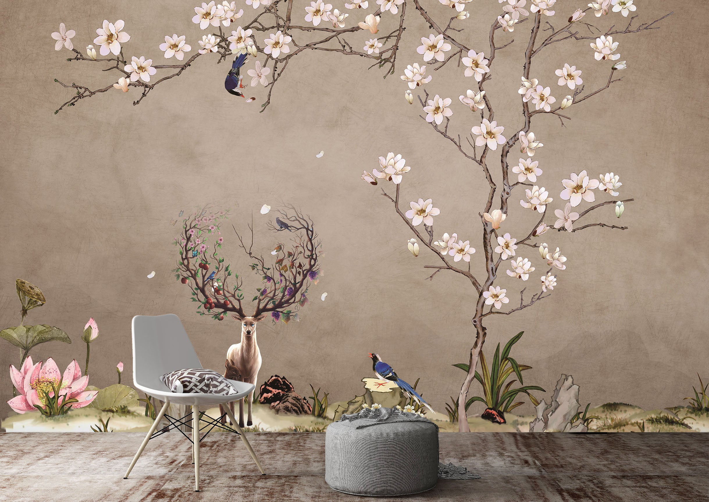 3D Flower Deer 1440 Wall Murals