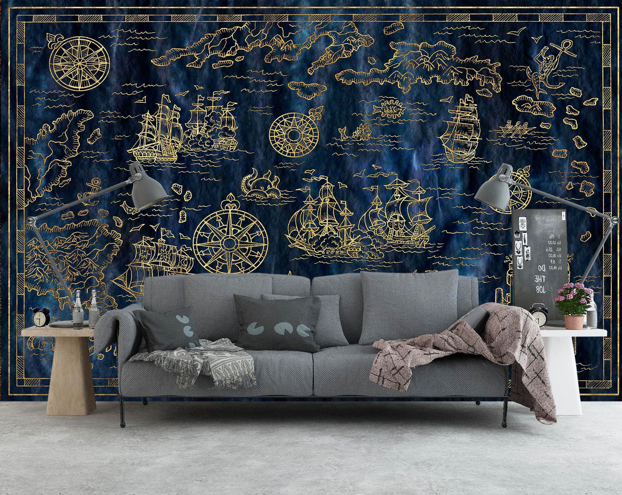 3D Golden Ship 2128 World Map Wall Murals