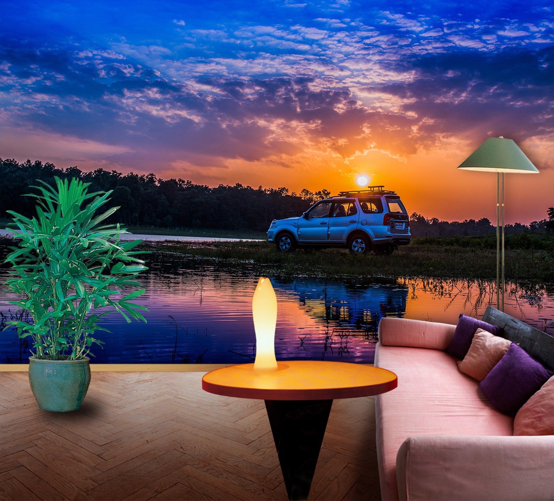 3D Lake Sunset Car 939 Vehicle Wall Murals Wallpaper AJ Wallpaper 2
