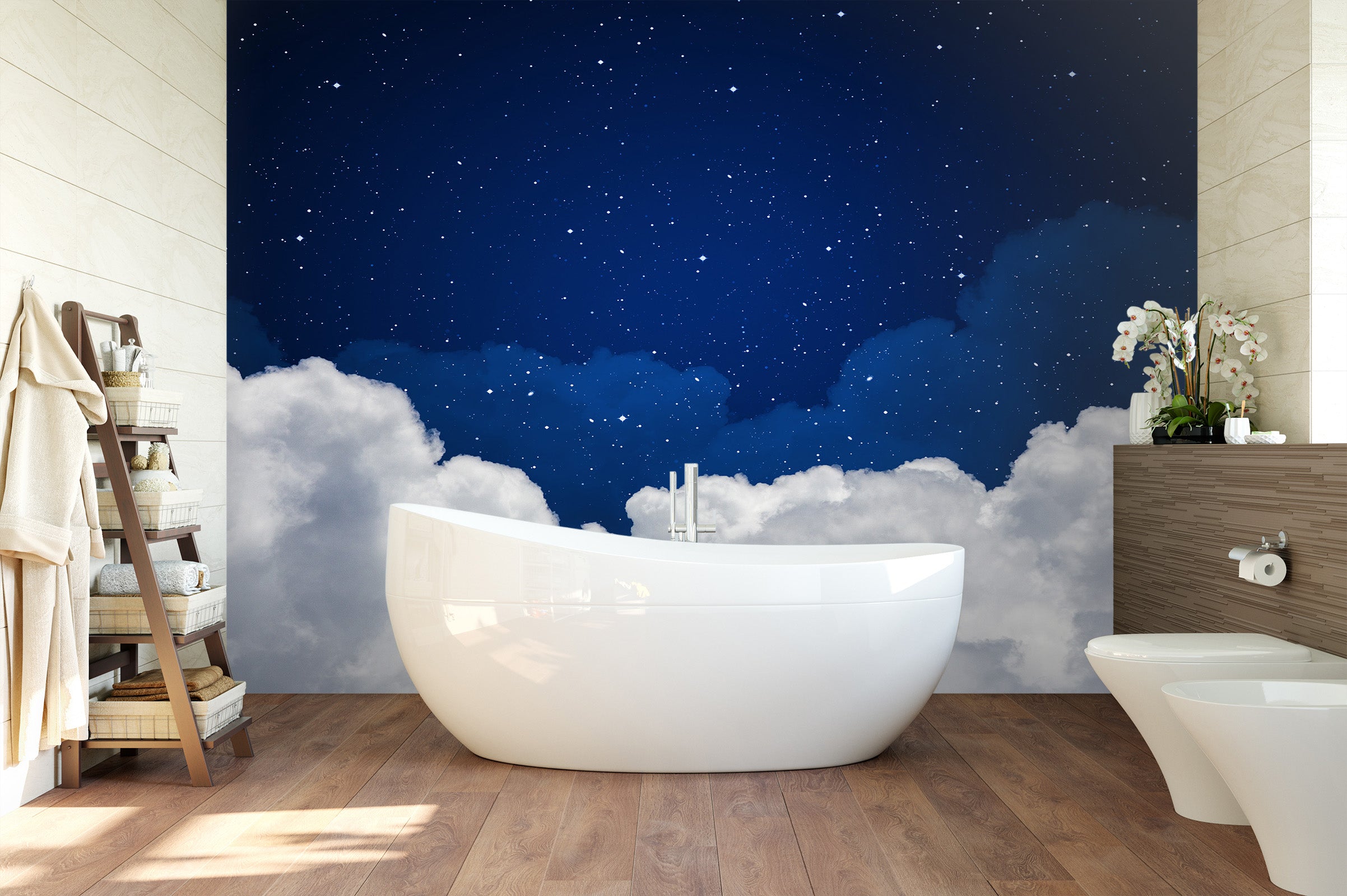 3D White Clouds Night Sky 084 Wall Murals
