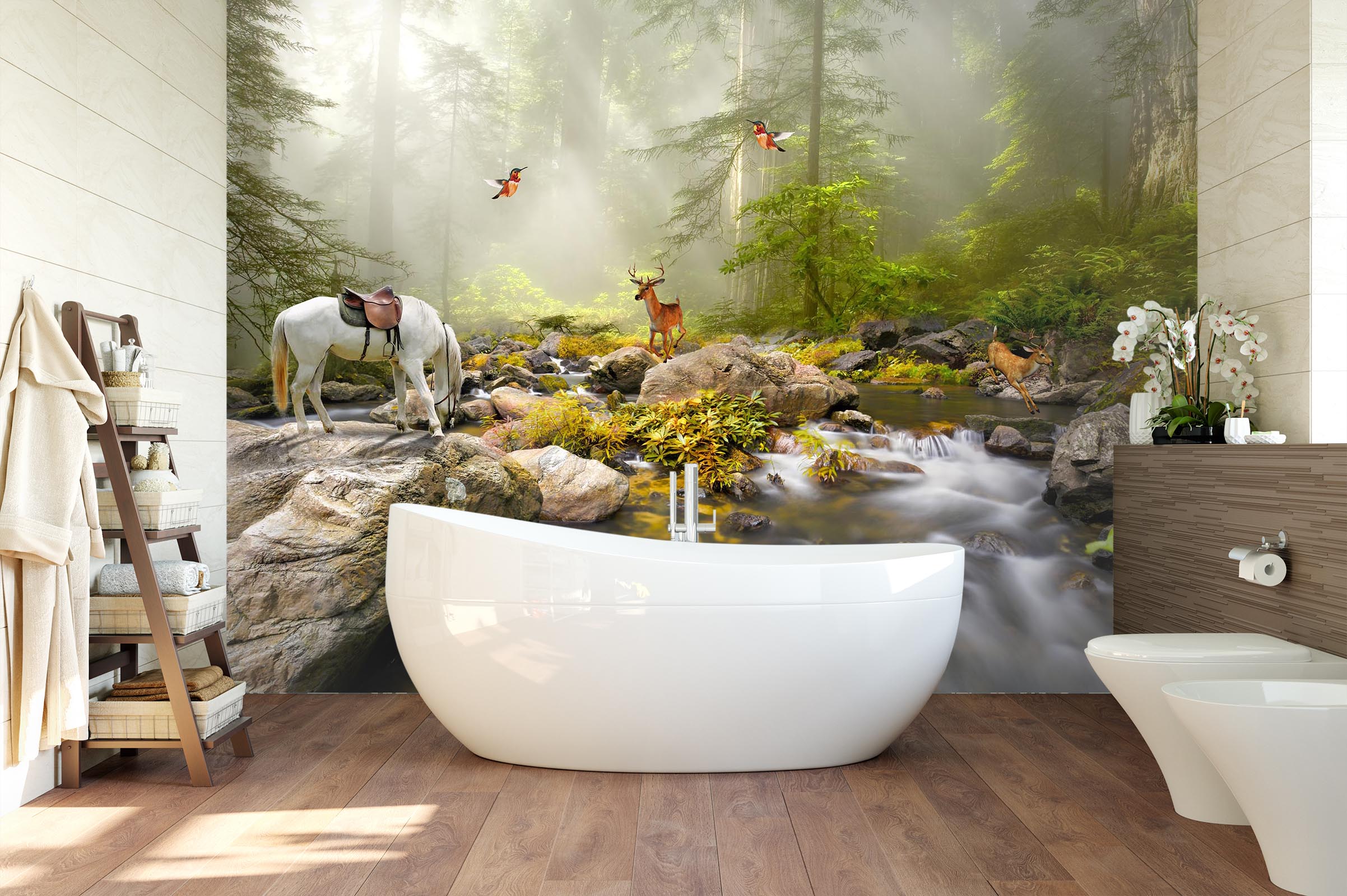 3D River Horse Deer 004 Wall Murals Wallpaper AJ Wallpaper 2