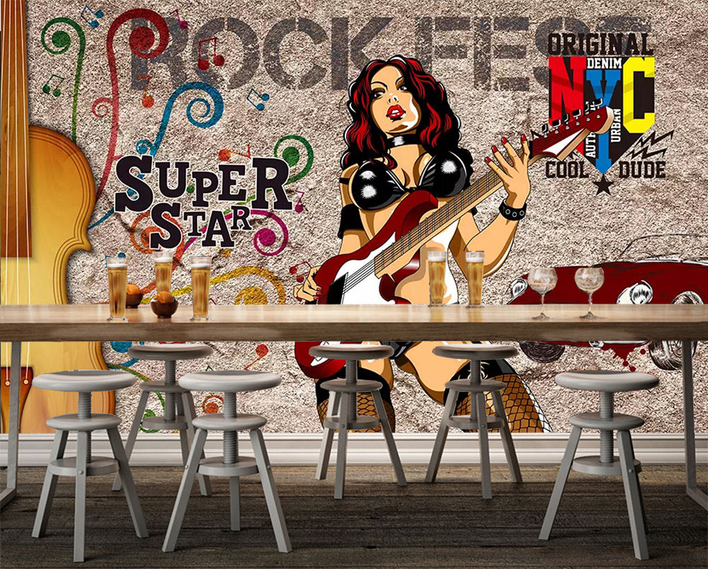 3D Guitar Woman Car WC677 Wall Murals