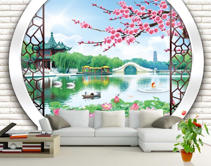 3D Willow Pond Peach Pavilion Wallpaper AJ Wallpaper 1