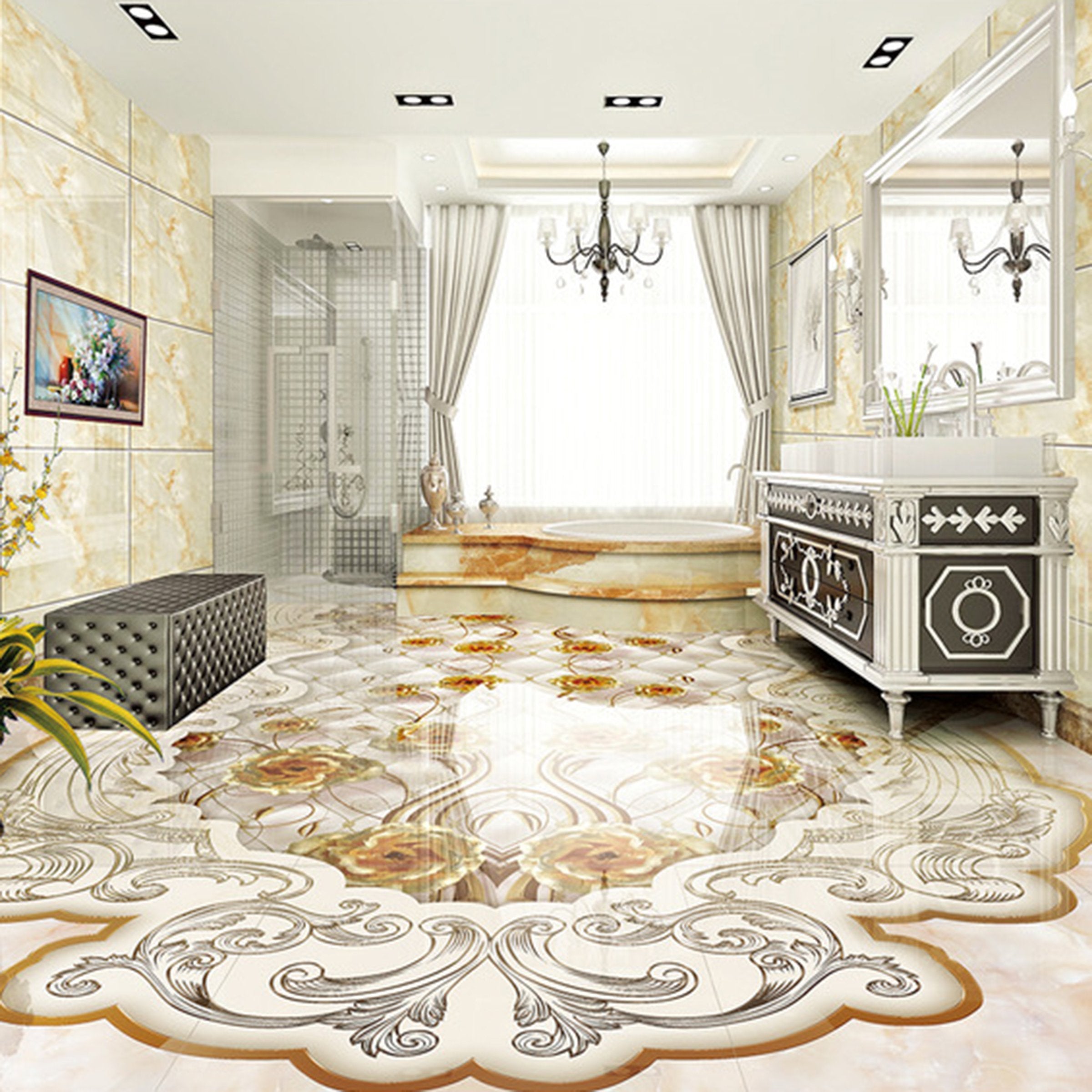 3D Golden Flowers WG032 Floor Mural Wallpaper AJ Wallpaper 2