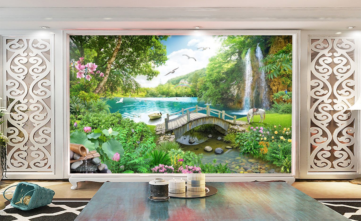 3D Wooden Bridge Rainbow 297 Wallpaper AJ Wallpaper