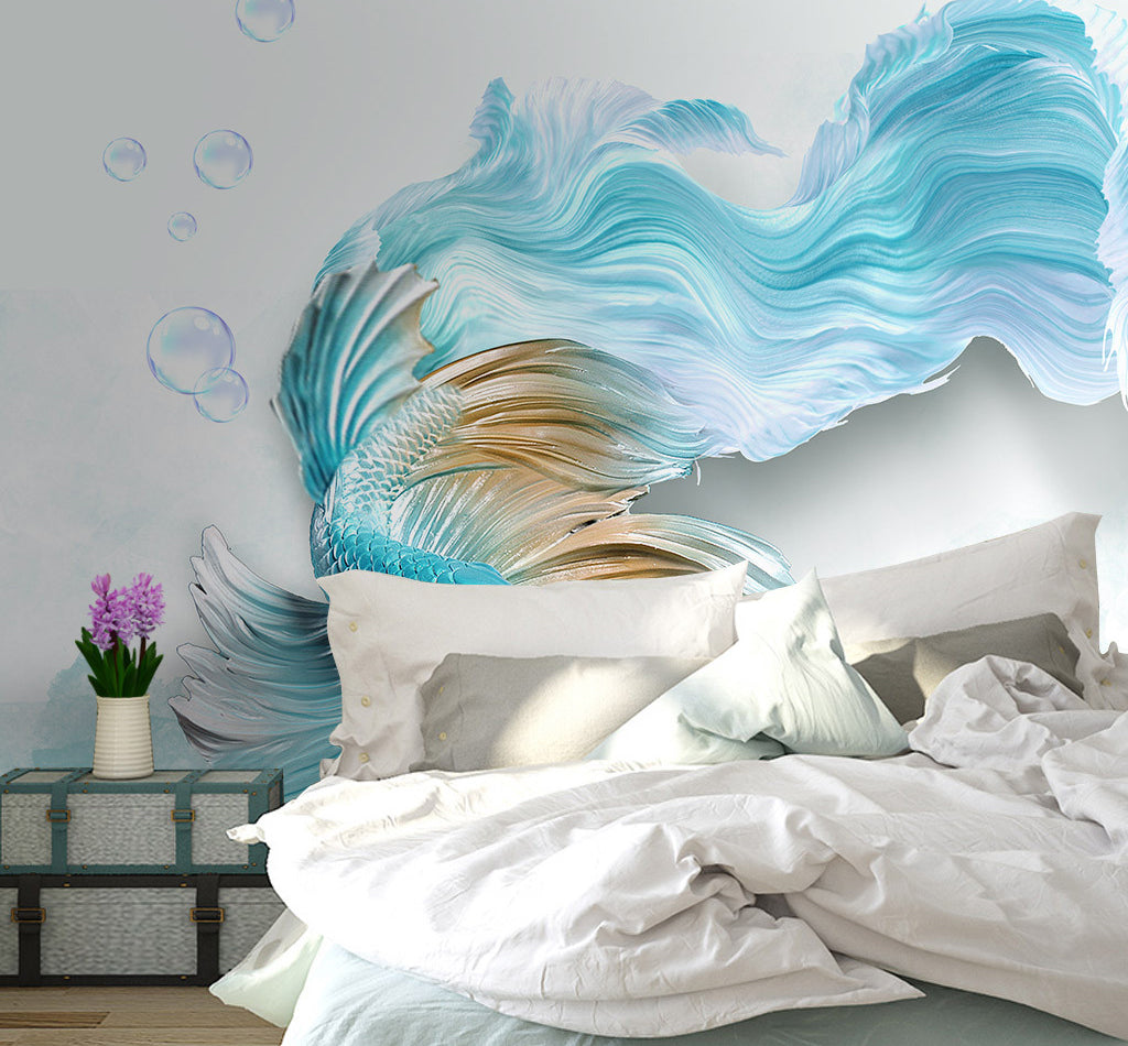 3D Blue Fish Bubble WG035 Wall Murals