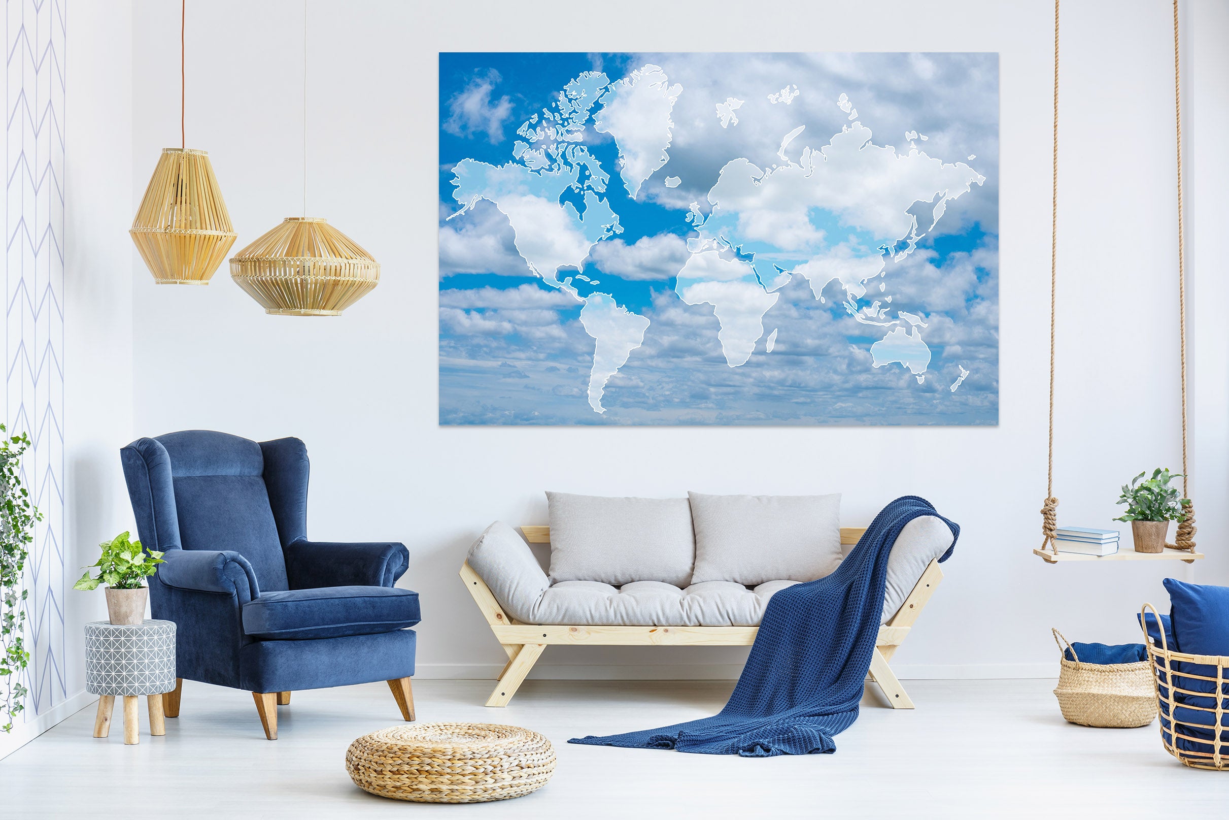 3D White Clouds 270 World Map Wall Sticker