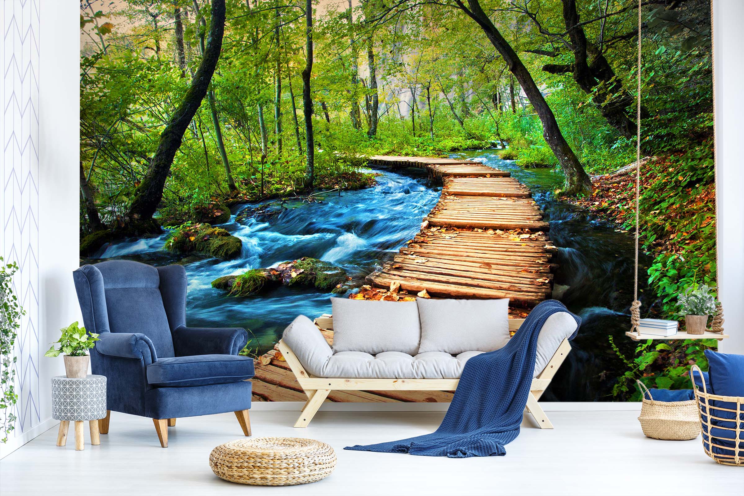 3D Waterfall Wooden Bridge 13 Wall Murals Wallpaper AJ Wallpaper 2