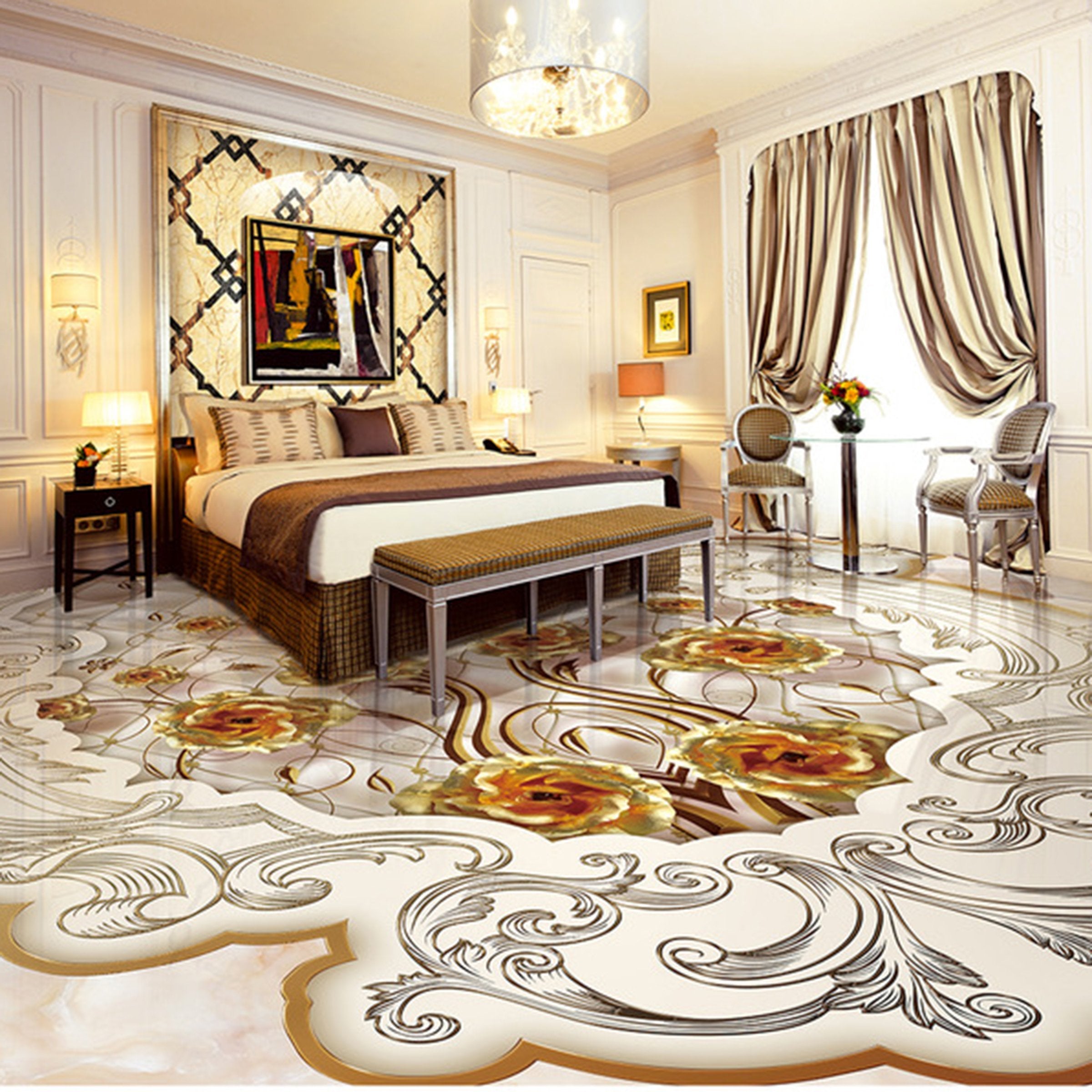 3D Golden Flowers WG032 Floor Mural Wallpaper AJ Wallpaper 2