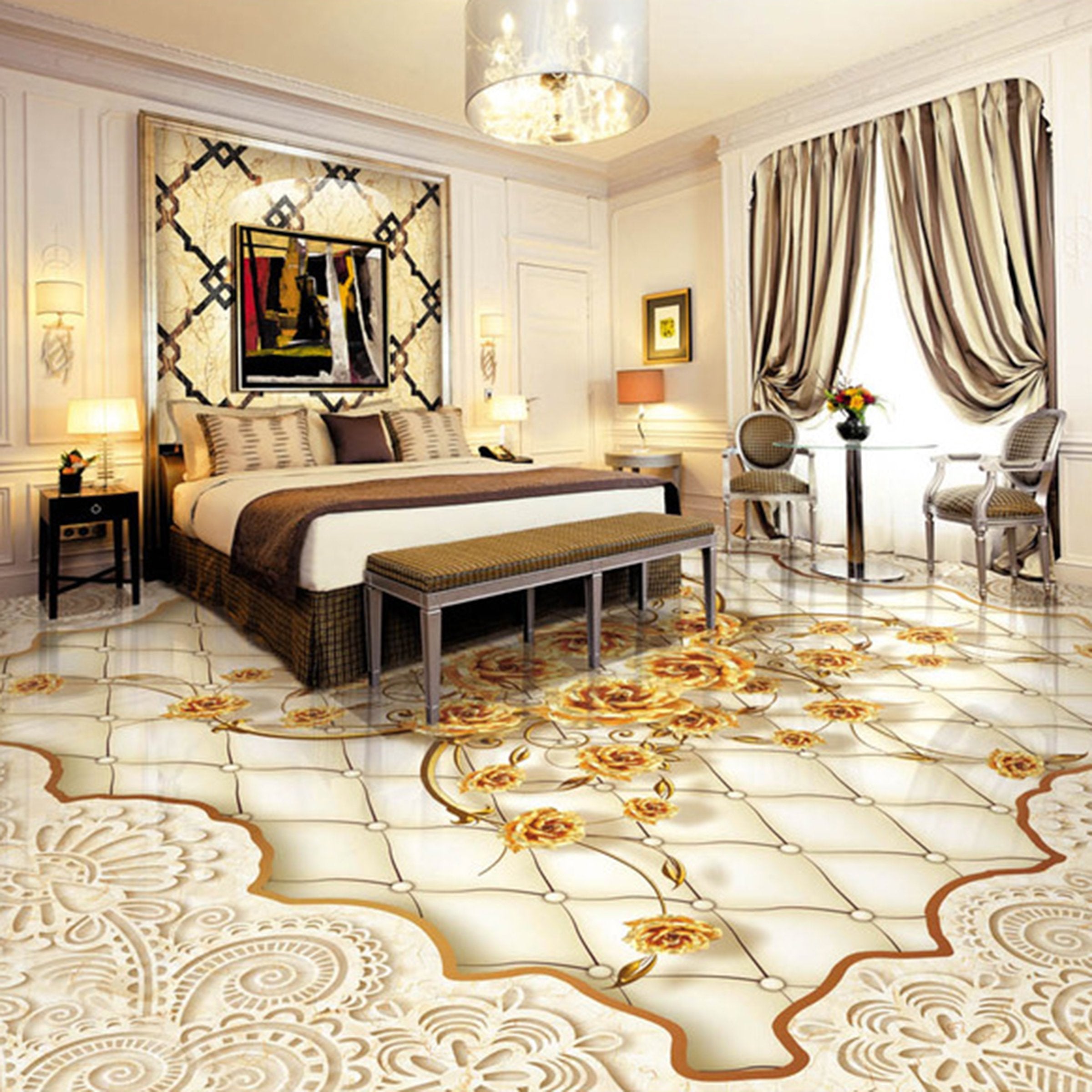 3D Golden Flowers WG033 Floor Mural Wallpaper AJ Wallpaper 2