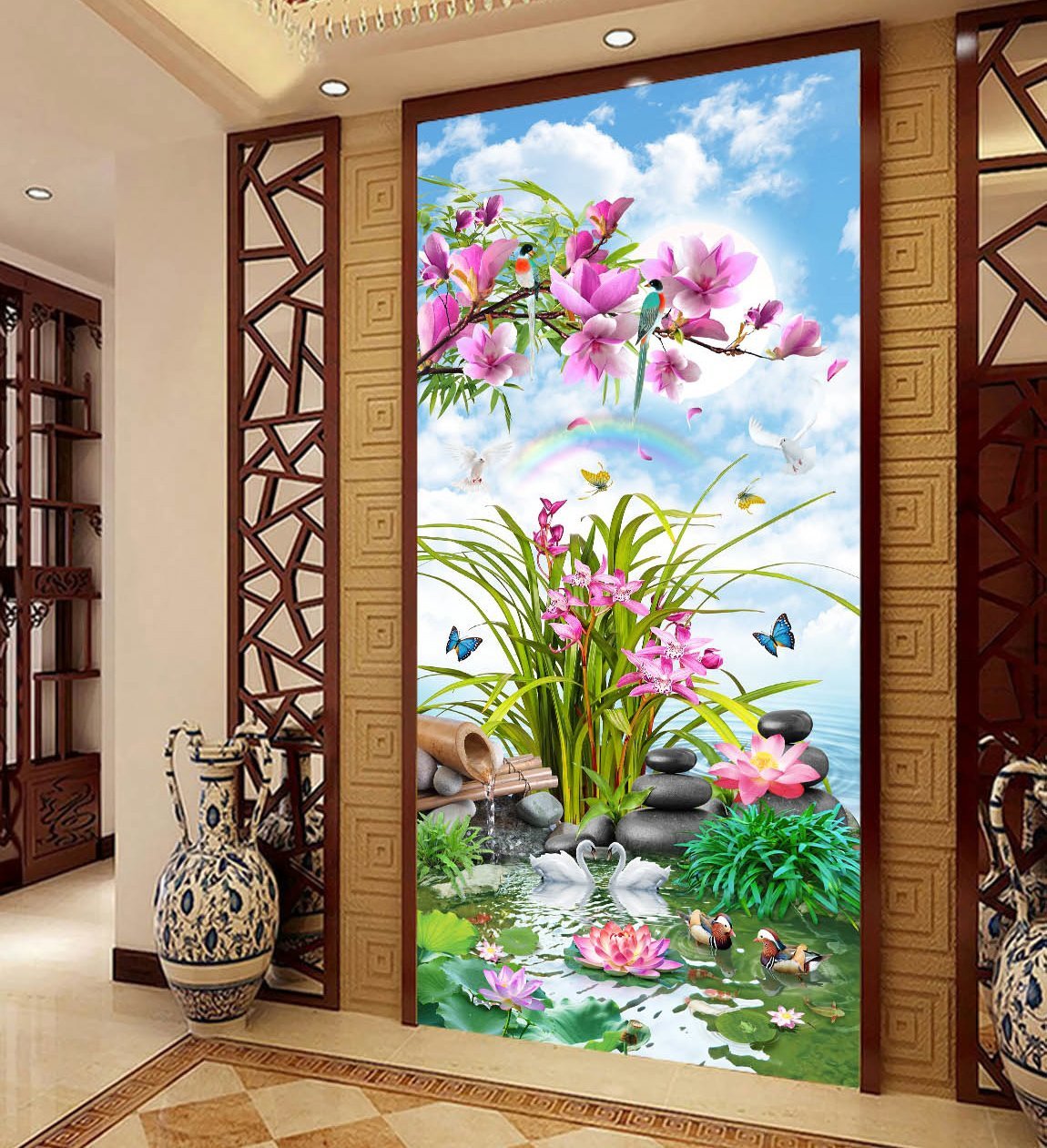 3D Moon Flower Swan 367 Wallpaper AJ Wallpaper